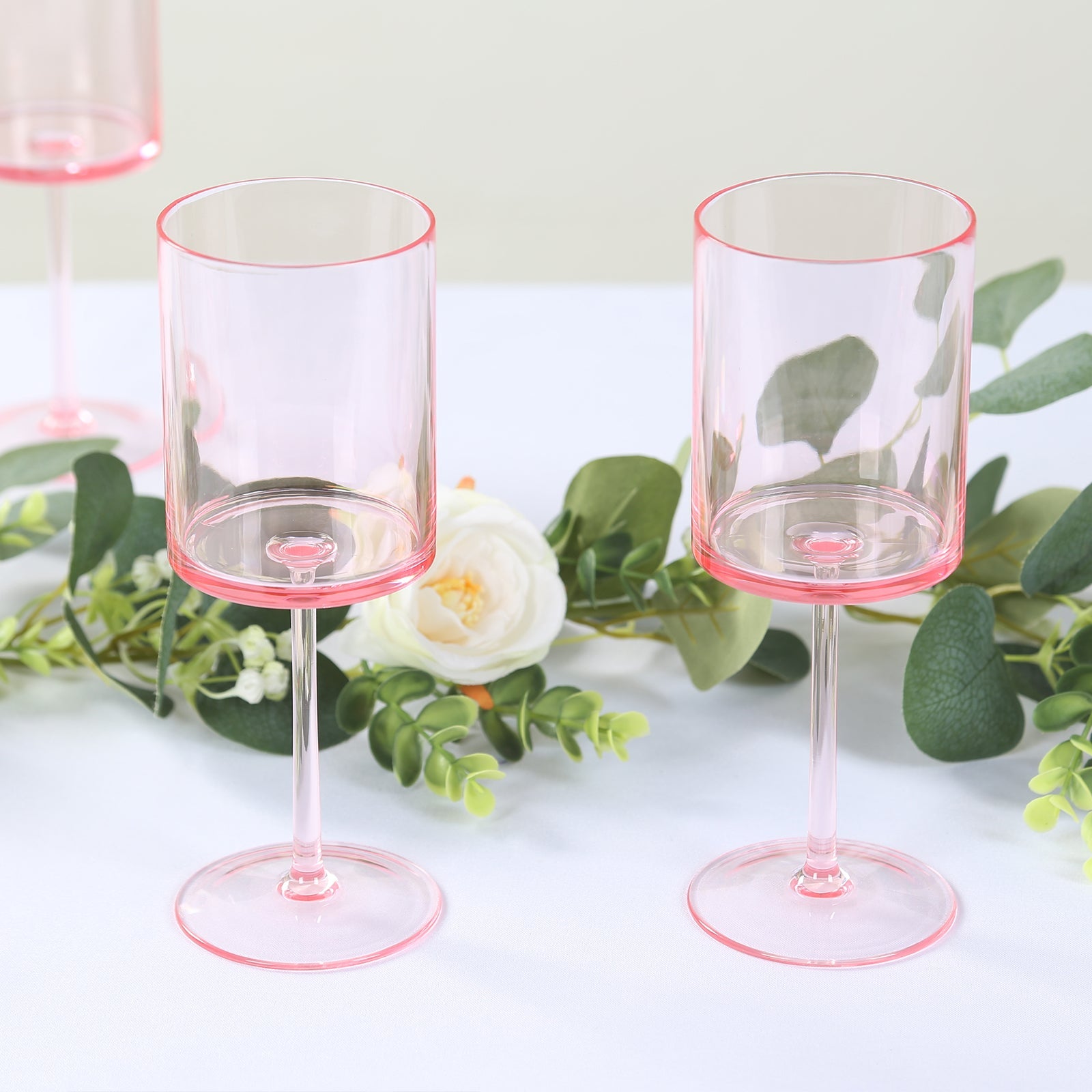 6-Pack Plastic Cocktail Glasses Transparent Blush Cylindrical Long Stem - Shatterproof Tumblers 10oz