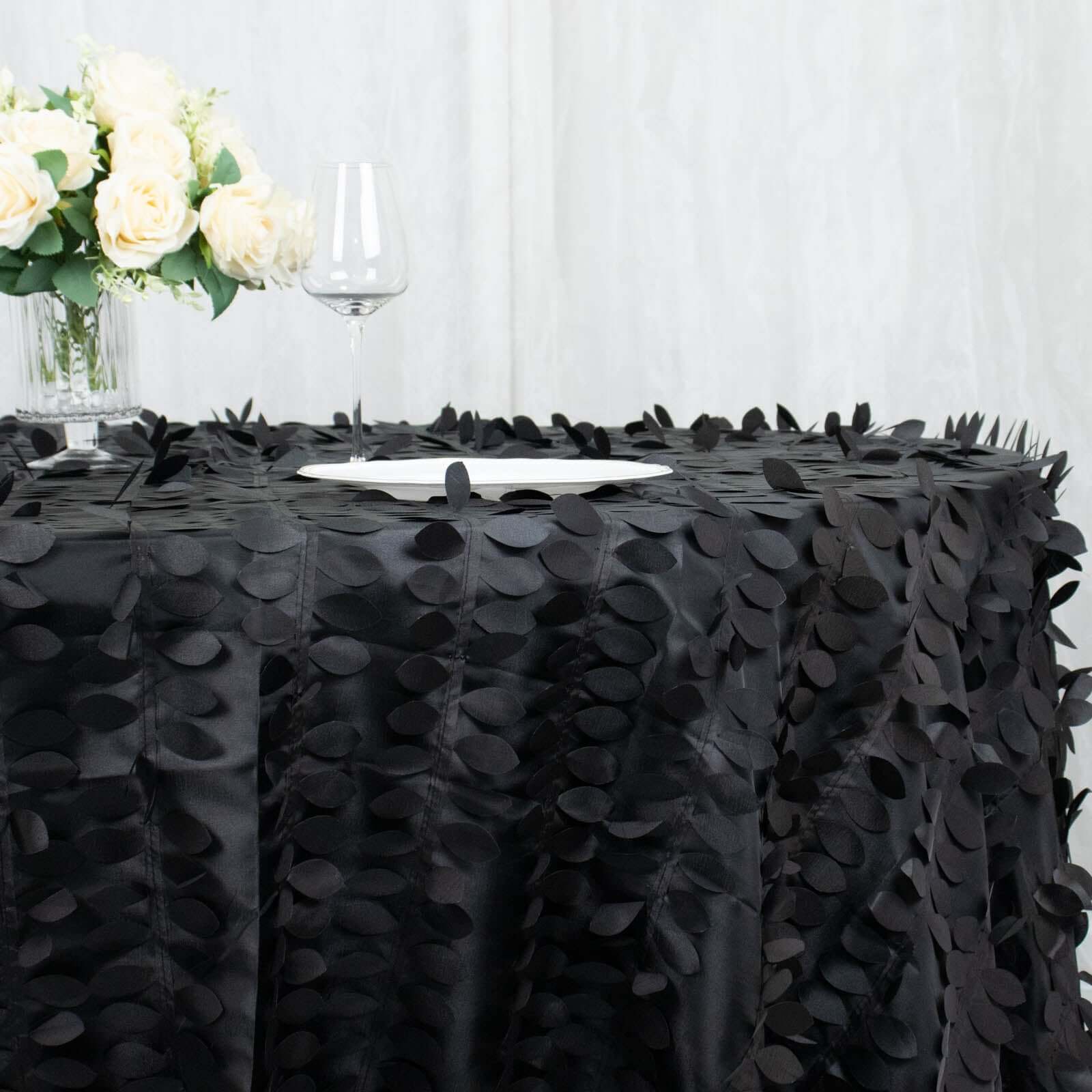 Taffeta 132 Round Tablecloth Black 3D | 3D Leaf Petal Design Seamless Table Cover