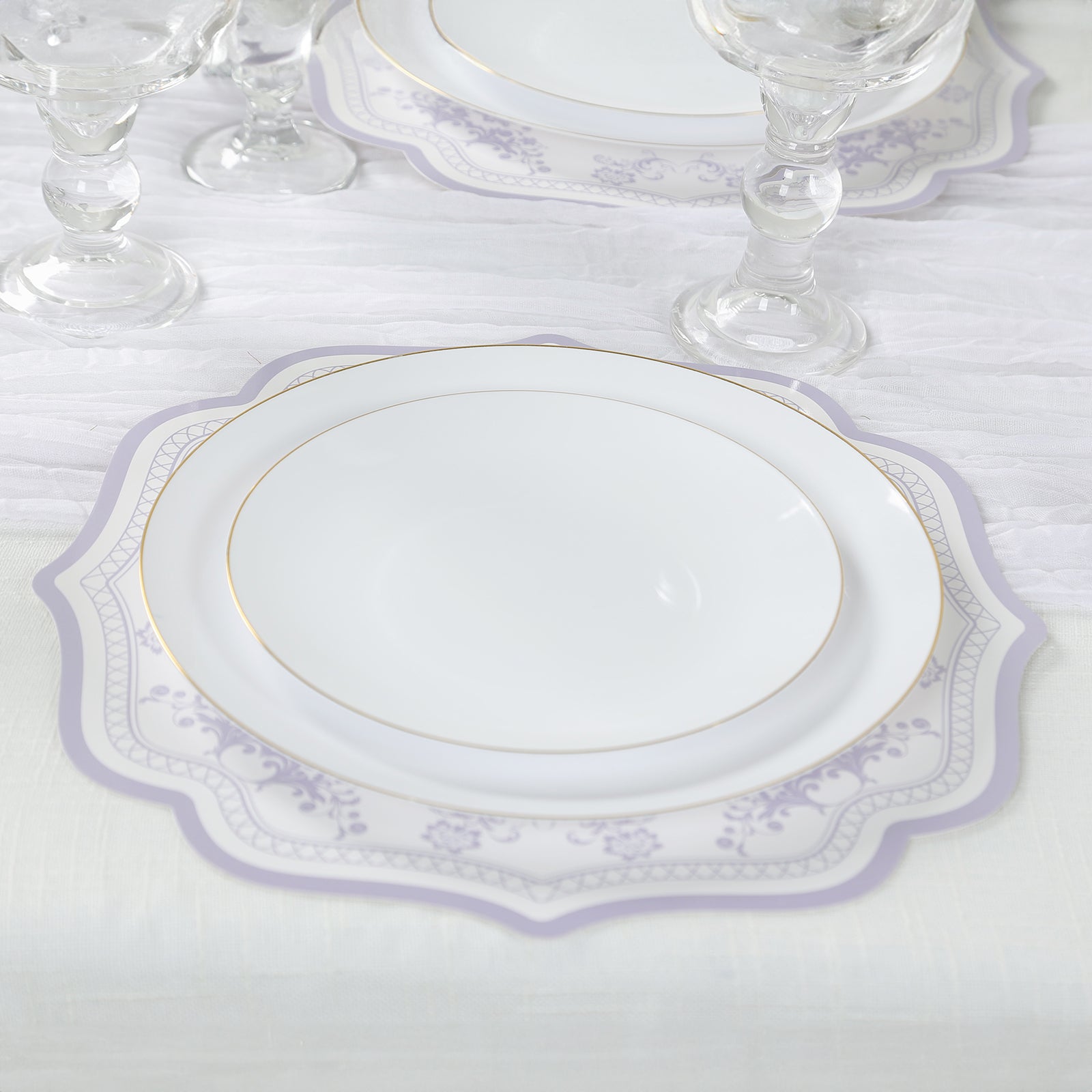 10-Pack Disposable Table Placemats 13 Round Placemats in White with Lavender French Toile Pattern & Scalloped Rim - 400GSM Cardboard Placemats for Stylish Table Setting