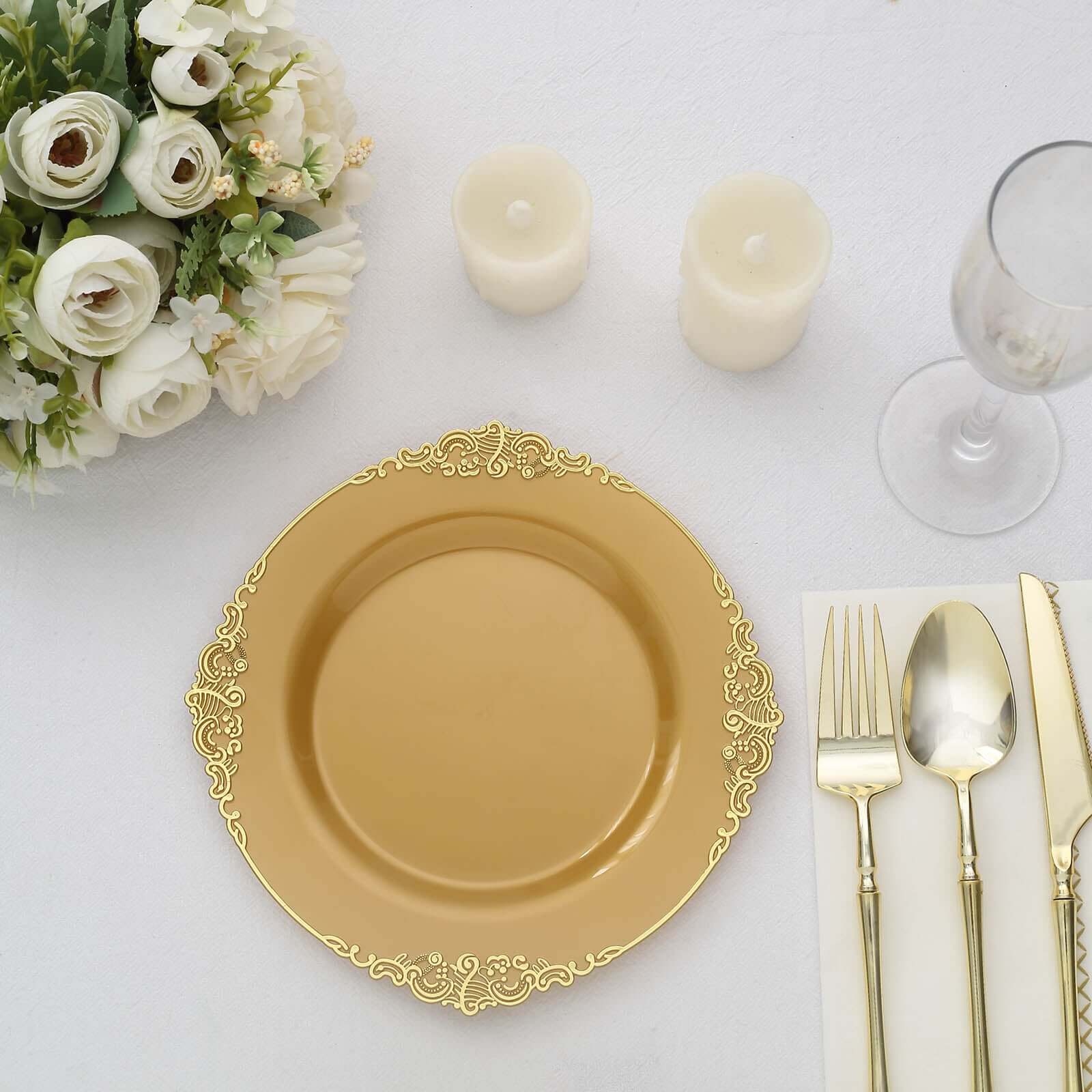 10-Pack Plastic 8 Round Dessert Plates in Gold with Leaf Embossed Rim - Disposable Vintage Baroque Style Salad Plates for Luxurious Gatherings & Events