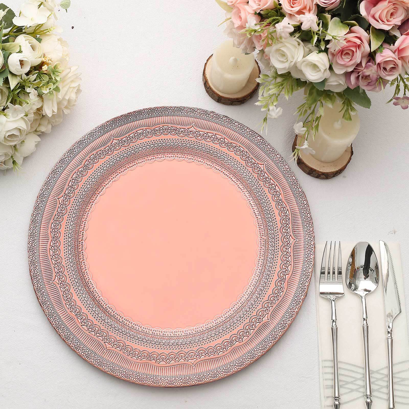 6-Pack Acrylic Round Charger Plates 13 in Rose Gold with Lace Embossed Rim, Rustic Plastic Decorative Charger Tableware