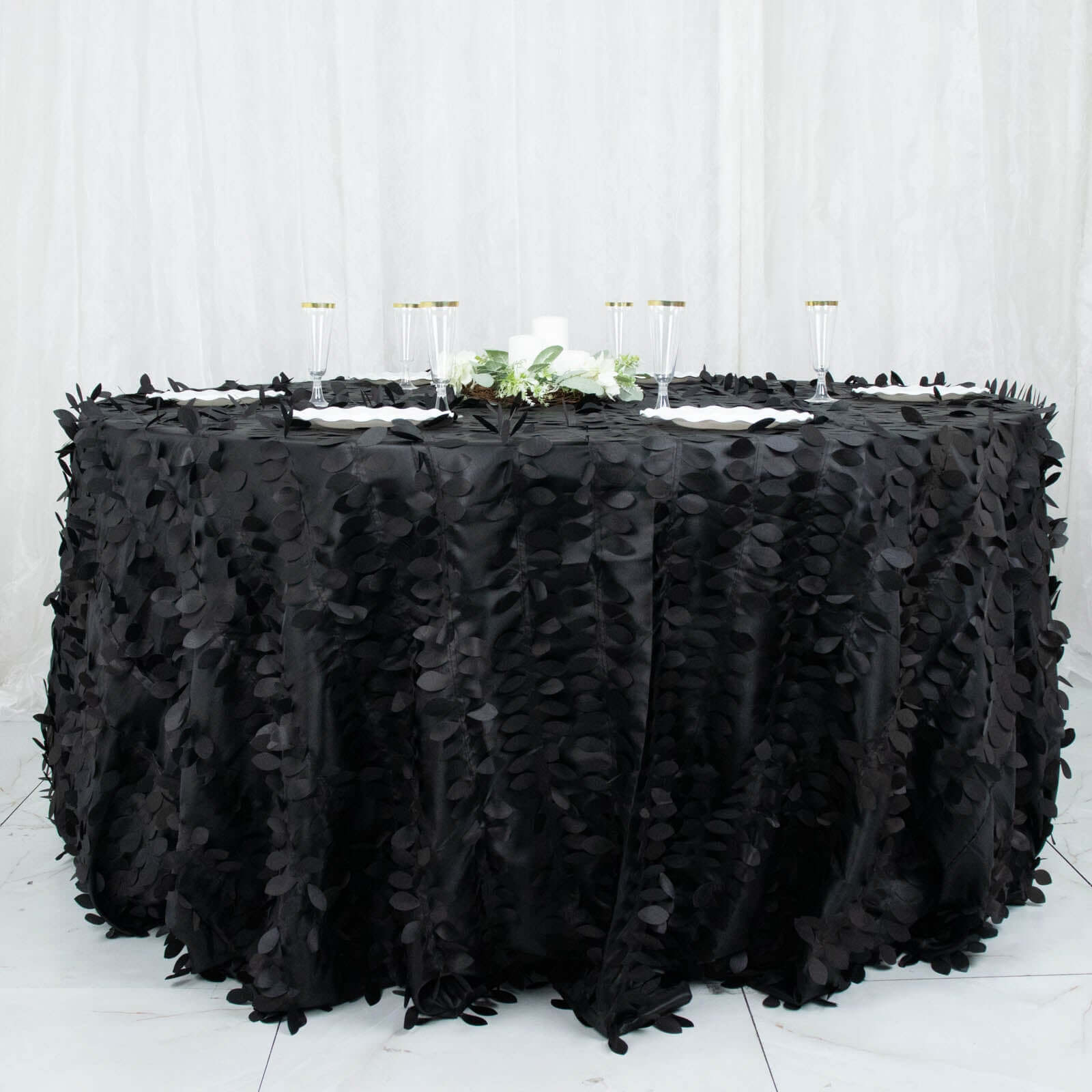 Taffeta 132 Round Tablecloth Black 3D | 3D Leaf Petal Design Seamless Table Cover