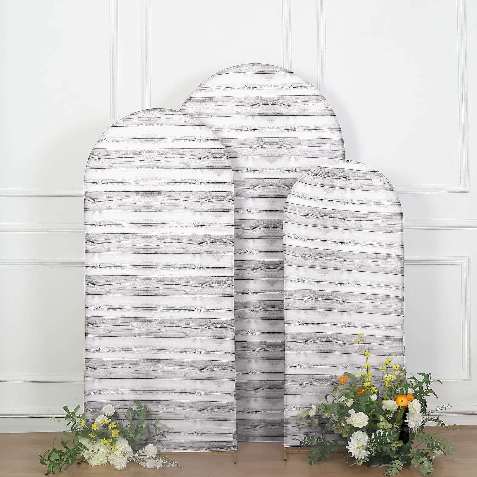 Set of 3 White Rustic Wood Plank Pattern Spandex Fitted Chiara Backdrop Stand Cover For Round Top Wedding Arch - 5ft, 6ft, 7ft