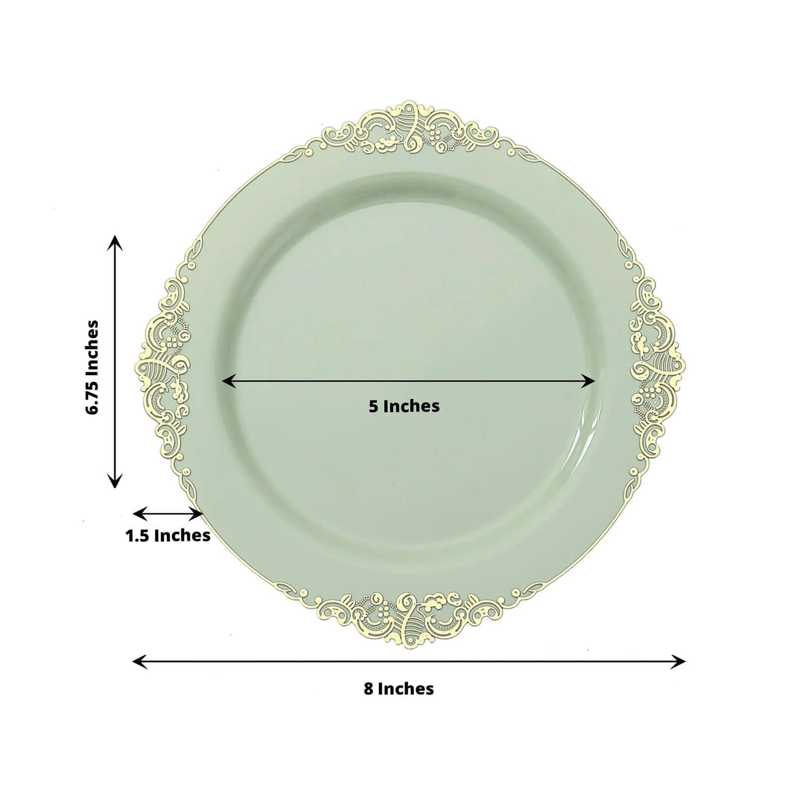 10-Pack Plastic 8 Round Dessert Plates in Sage Green with Gold Leaf Embossed Rim - Disposable Vintage Baroque Style Salad Plates