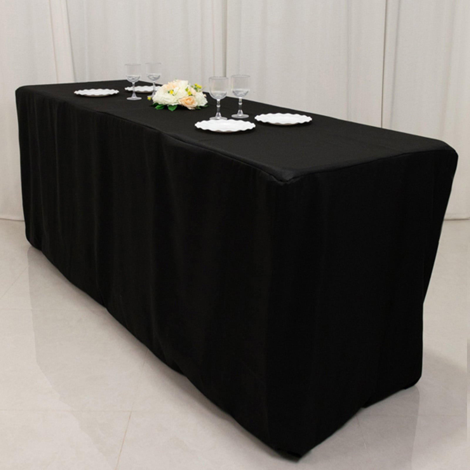 Fitted Polyester 96x24x42 Rectangle Tablecloth Black - Durable Fit for Elevated Tables