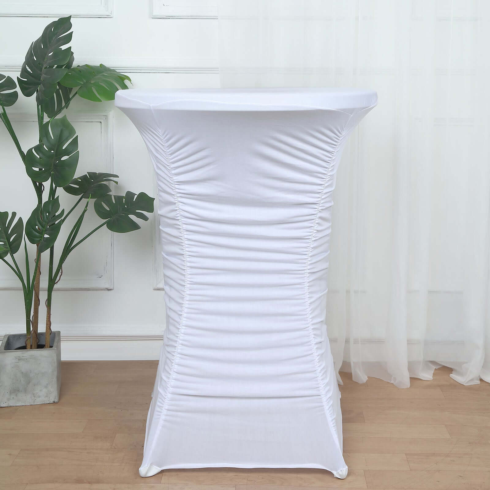 Heavy Duty Spandex 32 Fitted Round Cocktail Table Cover White Ruched Pleated - Durable Stretch Design