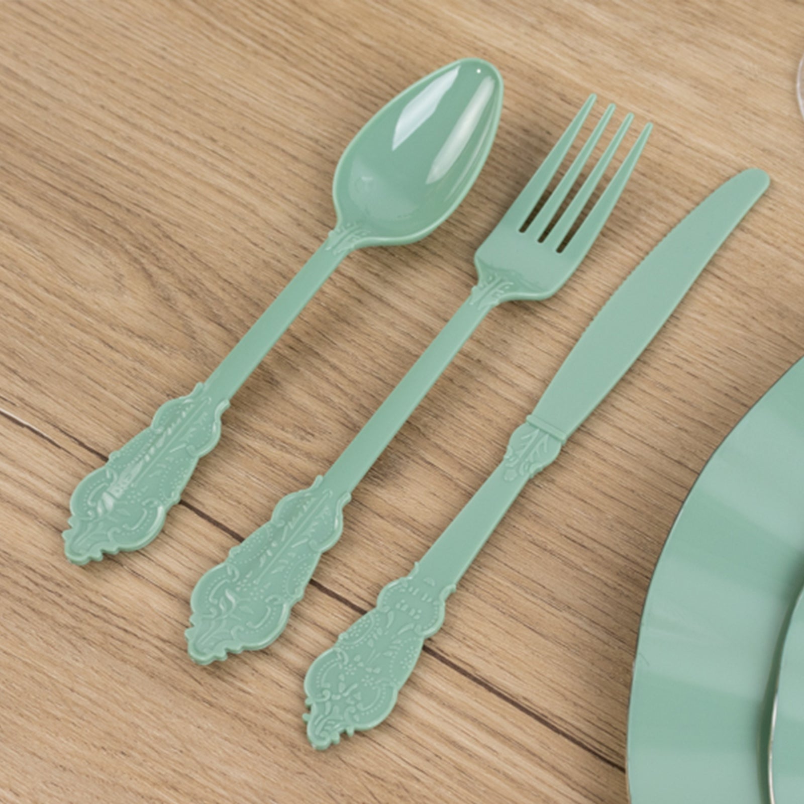 72 Pcs Plastic Silverware Set in Baroque Style Dusty Sage Green - Heavy Duty Disposable Knife, Fork, and Spoon Set