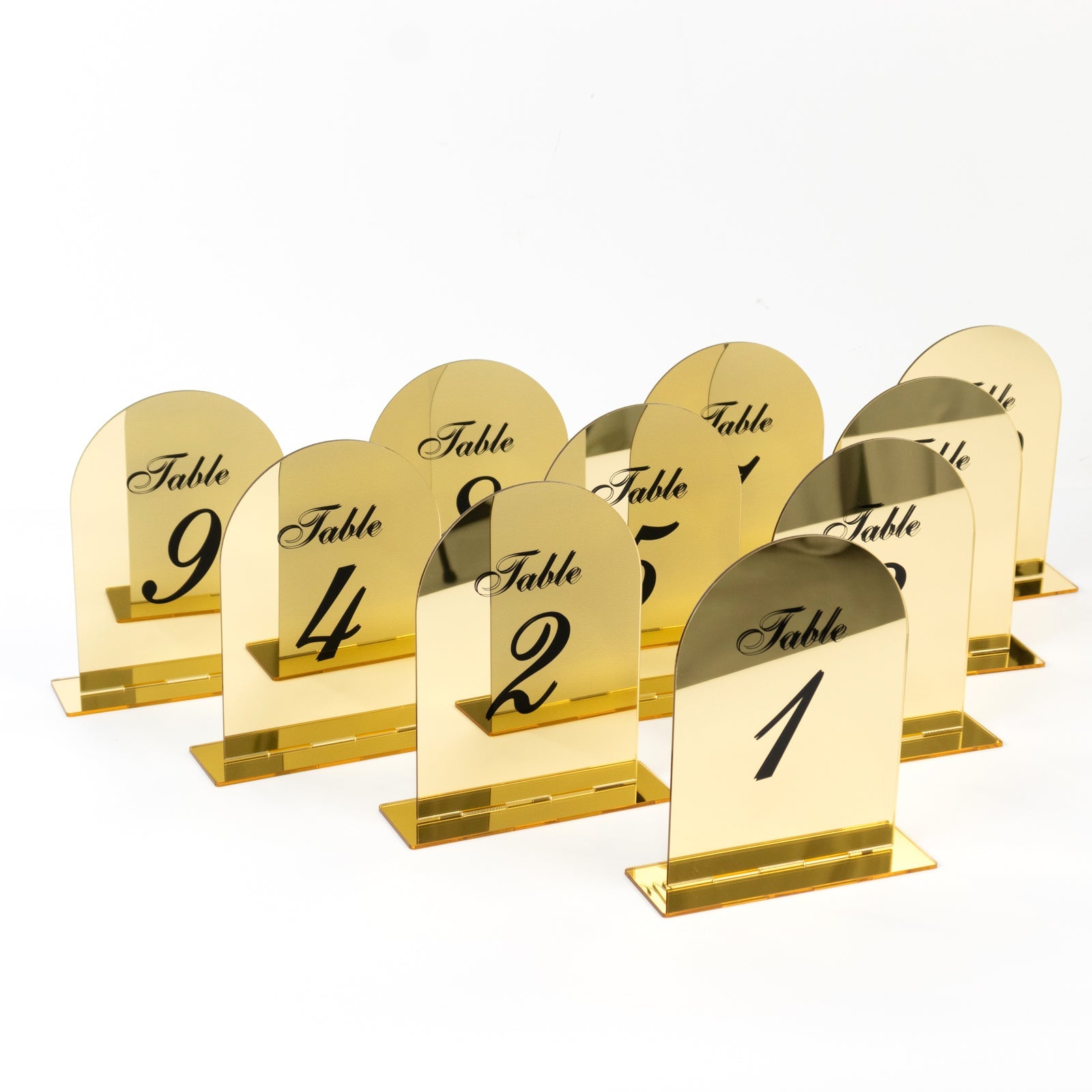 Gold Mirror Arch Acrylic Table Numbers (1-10) - 6x7 Wedding Reception Signs with Black Print & Stands