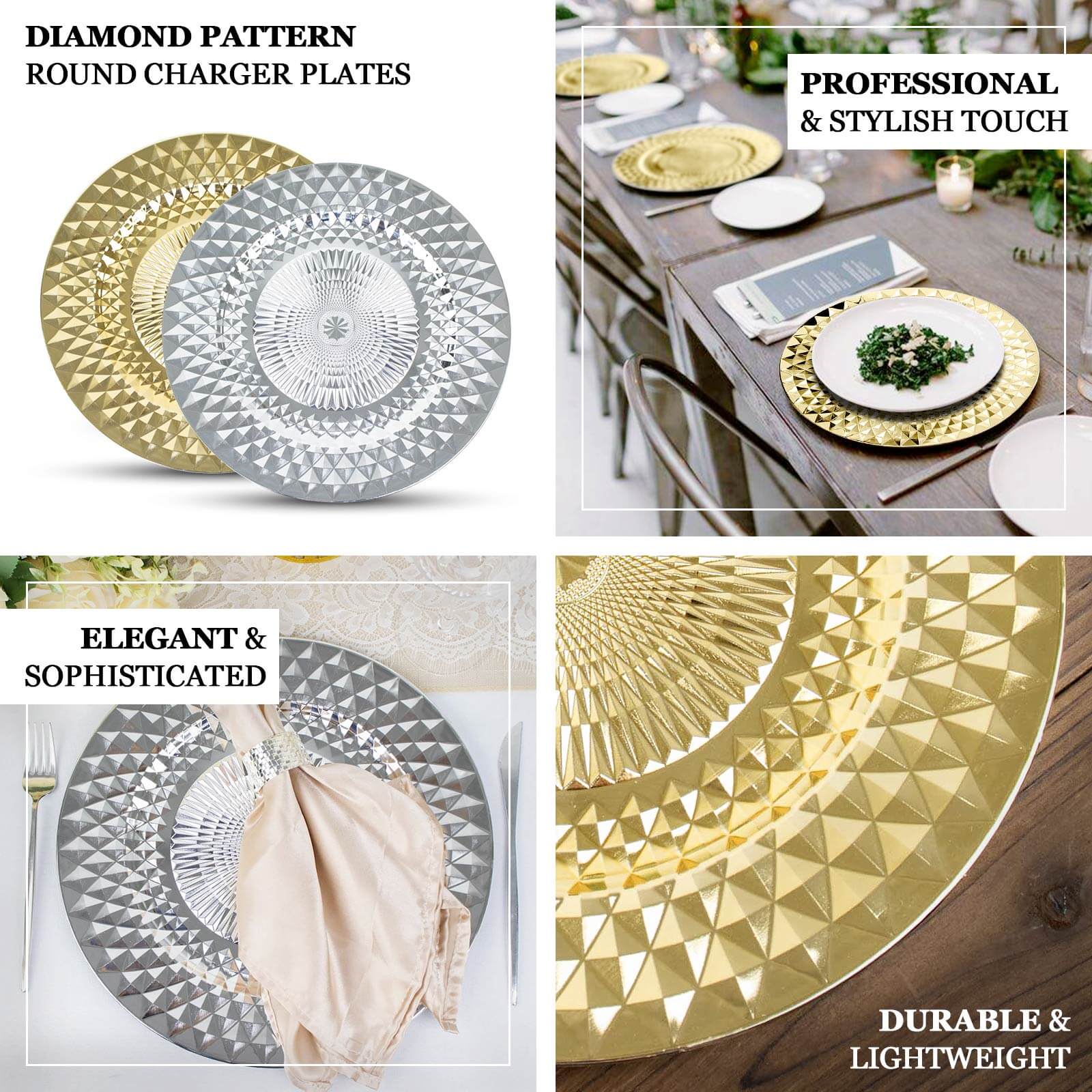 6-Pack Plastic Round Charger Plates 13 in Silver with Diamond Pattern, Sparkling Disposable Dinner Charger Tableware