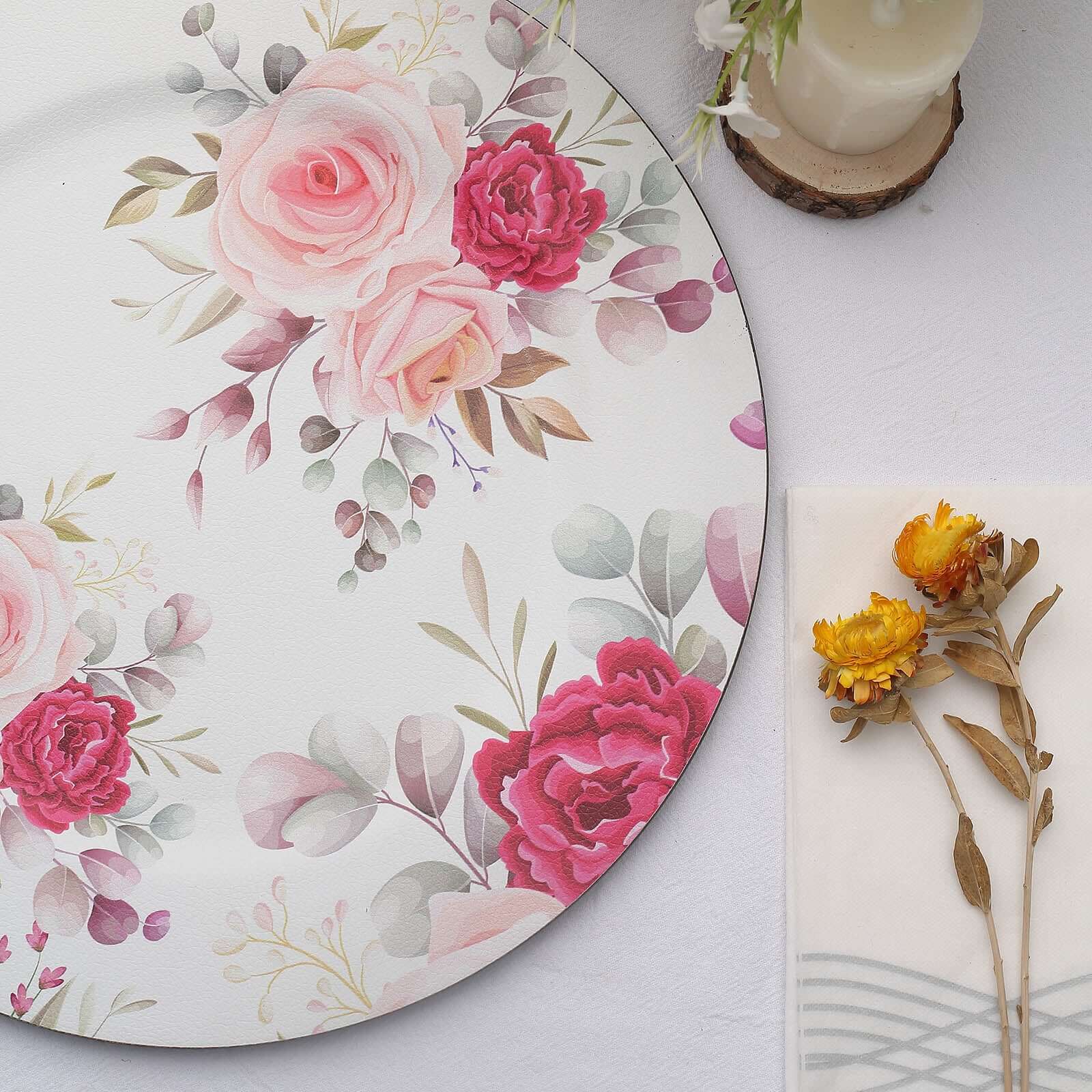 6-Pack Plastic Round Charger Plates 13 in White with Assorted Rose Floral Print, Decorative Dinner Party Charger Tableware