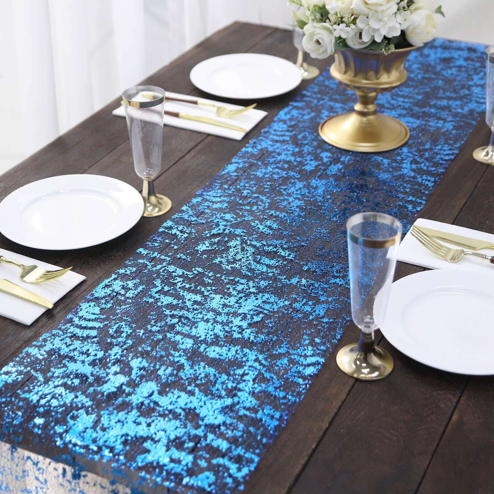 Mesh Polyester 108 Table Runner Roll Metallic Royal Blue - Distressed Foil Look Disposable Table Decor