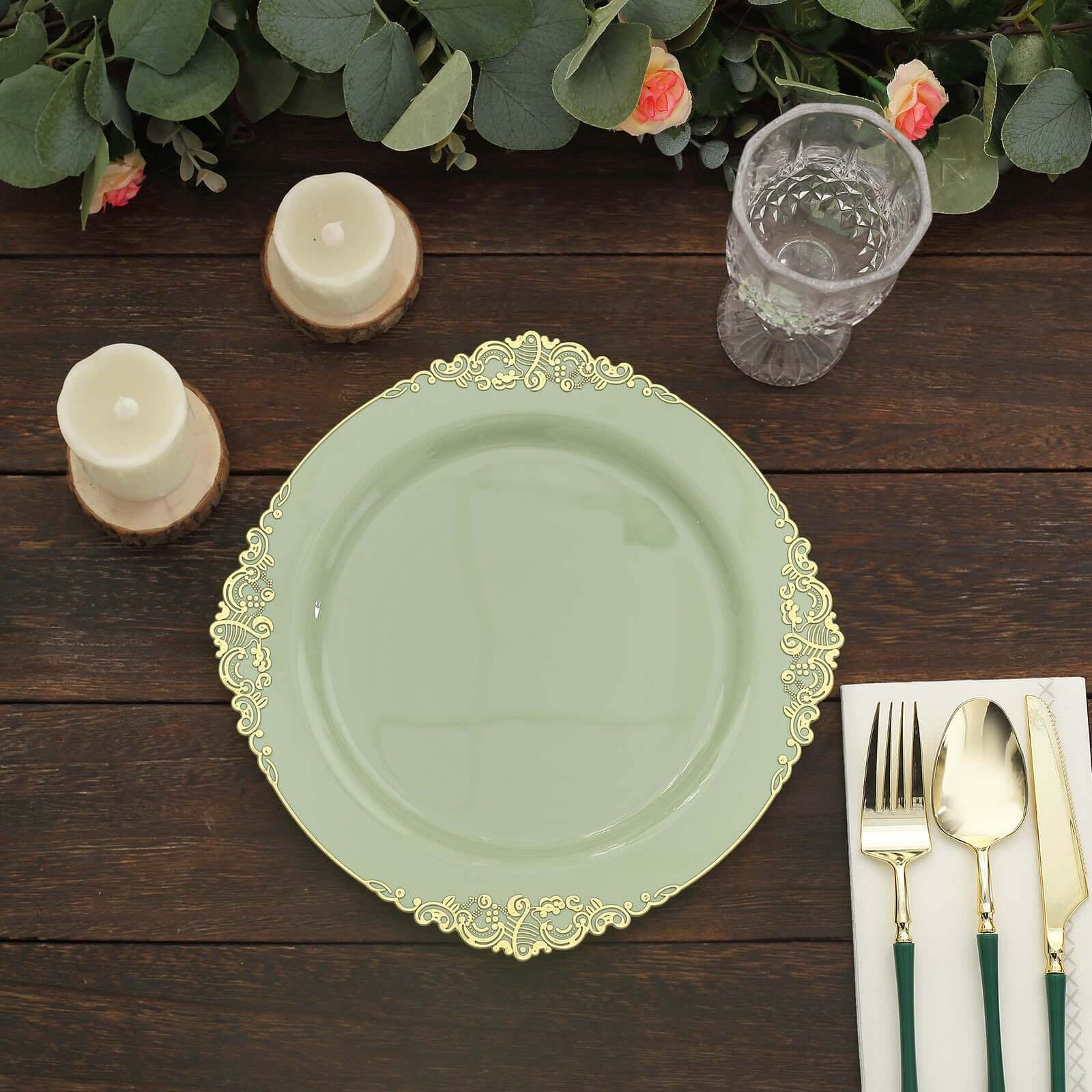 10-Pack Plastic 10 Round Dinner Plates in Sage Green with Gold Leaf Embossed Rim - Disposable Vintage Baroque Style Plates