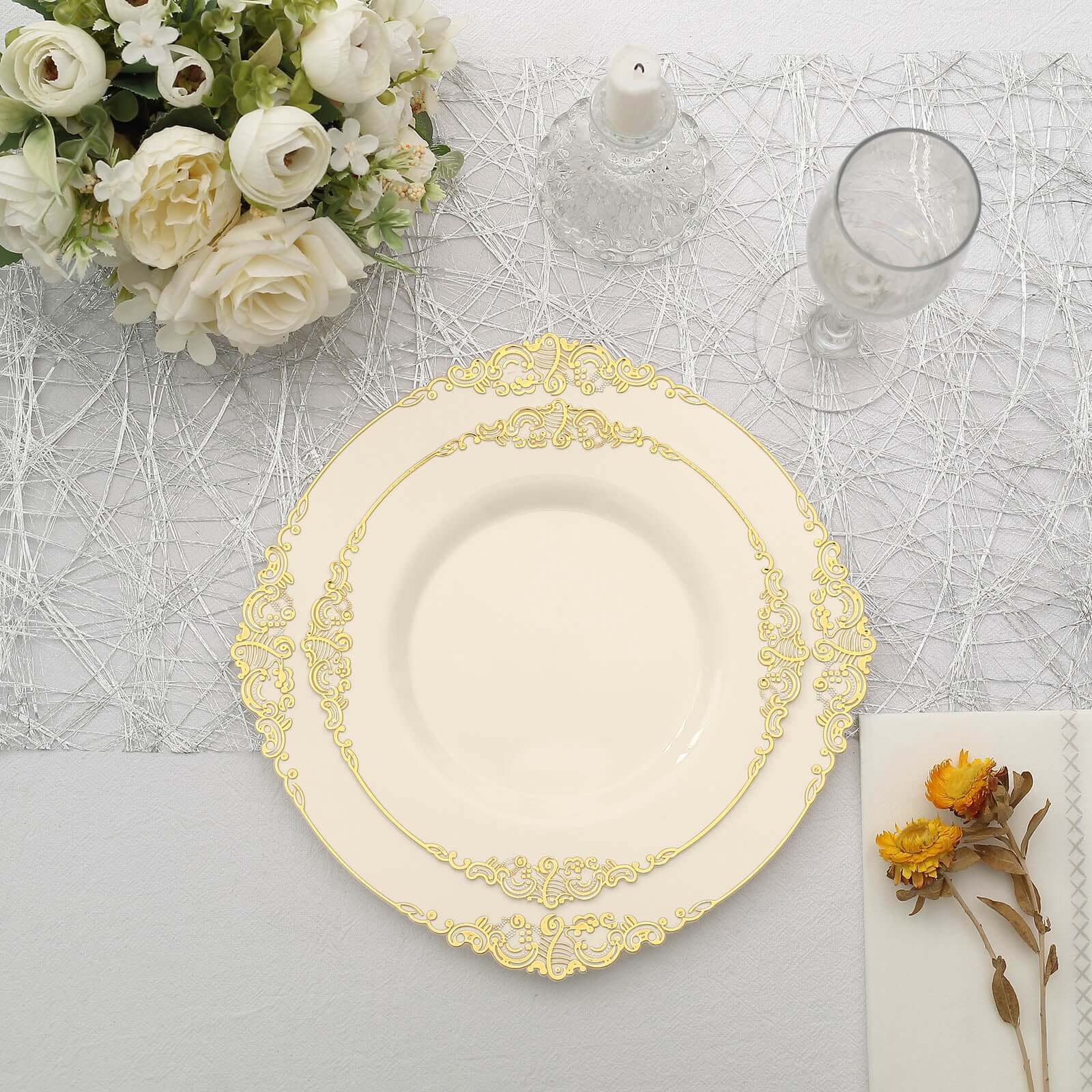 10-Pack Plastic 8 Round Dessert Plates in Ivory with Gold Leaf Embossed Rim - Disposable Vintage Baroque Style Salad Plates