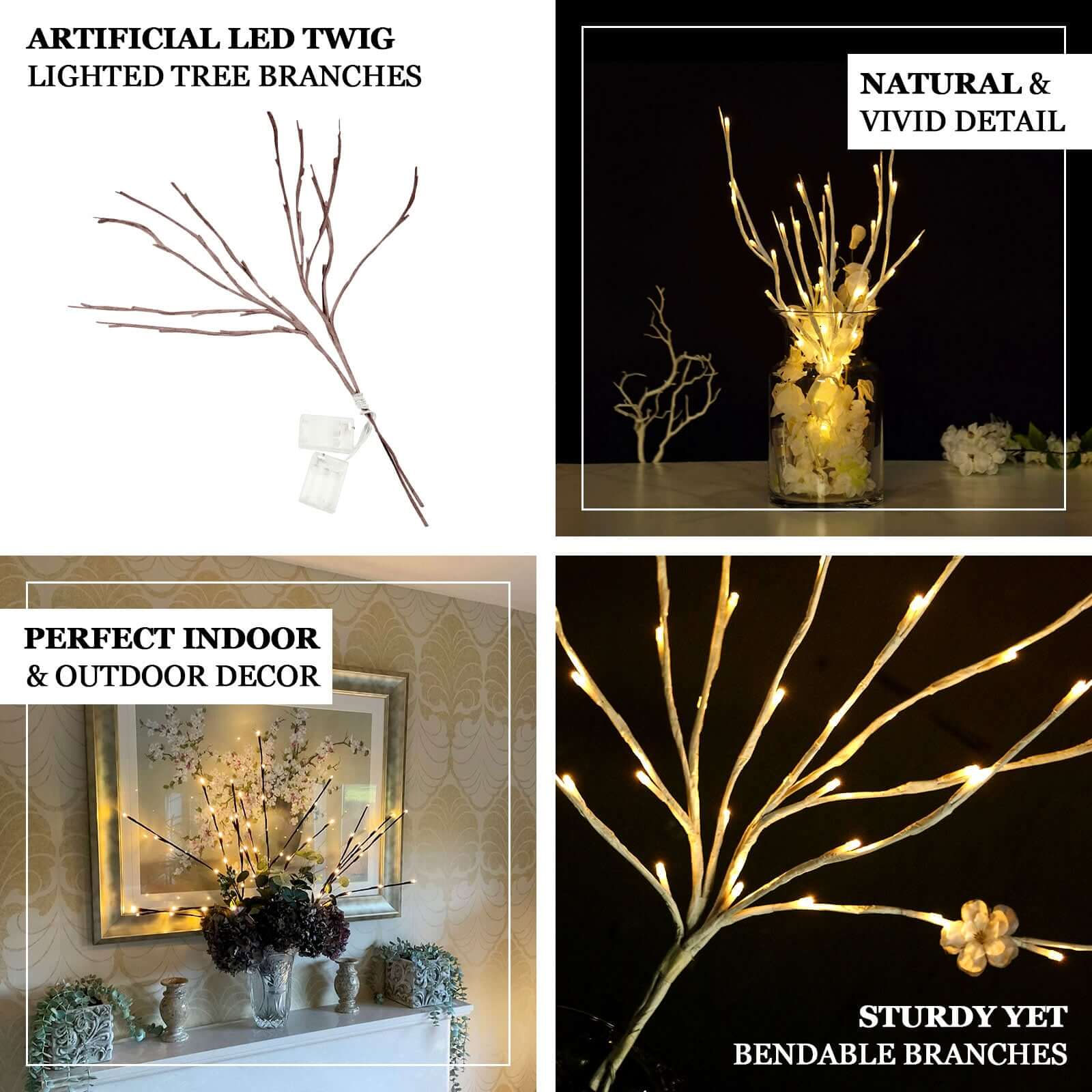 3-Pack LED Twig Lights Brown Tree Design - Artificial Warm White Lighted Branches with 60 Bulbs 28.5