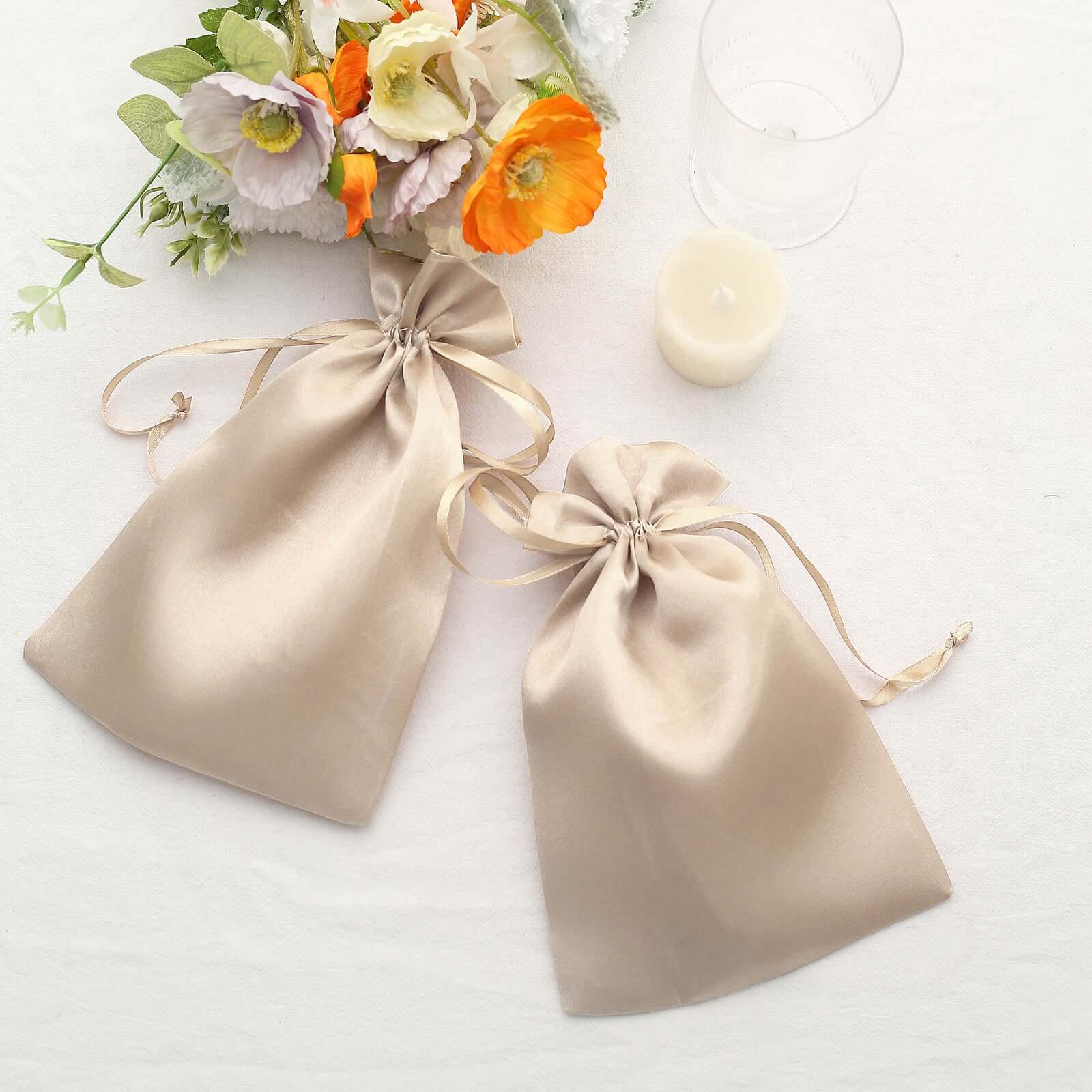 12 Pack 6x9 Beige Satin Drawstring Wedding Party Favor Gift Bags