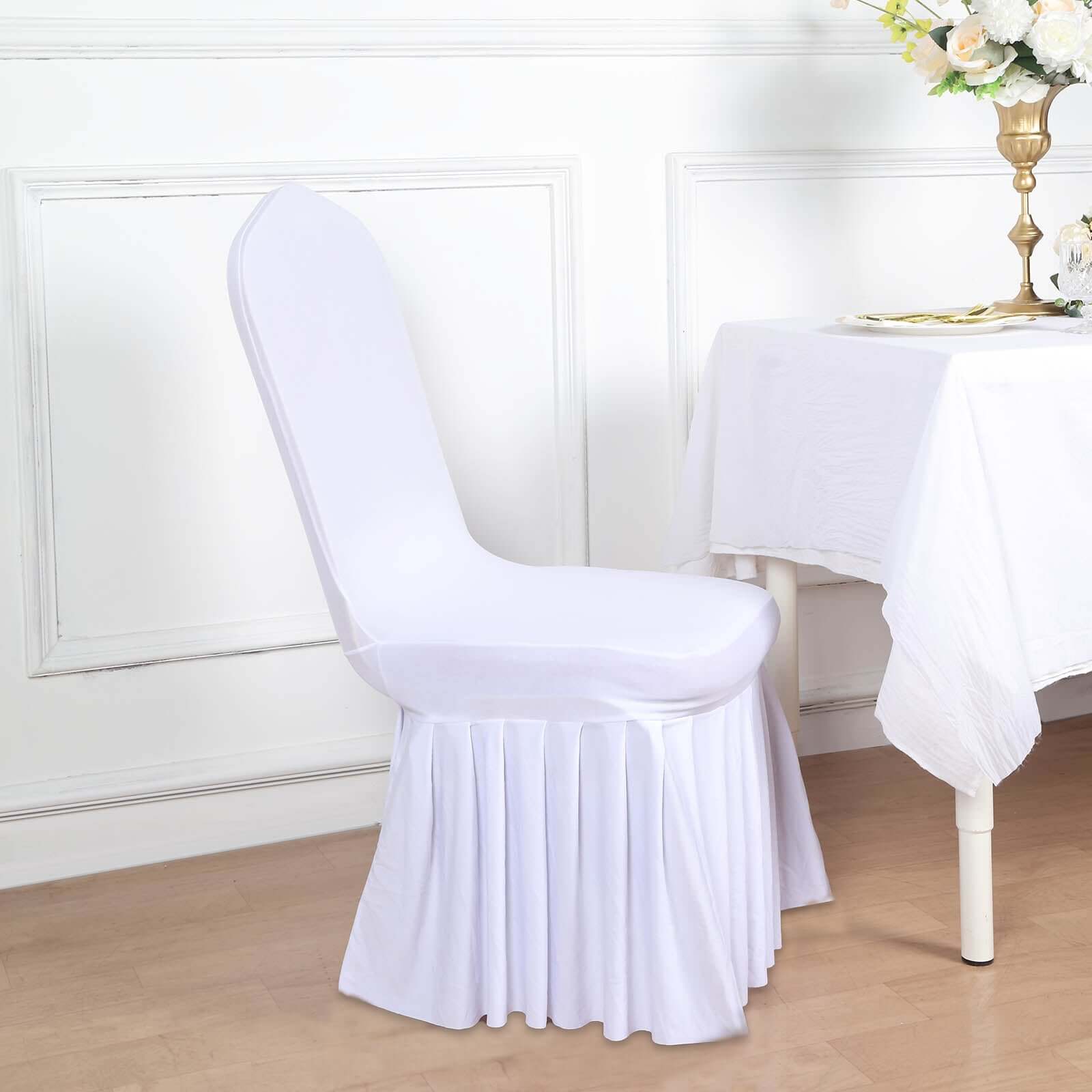 Spandex Chair Cover with Ruffle Pleated Skirt for Banquet Chairs White - Stylish 1-Piece Stretch Fitted Design