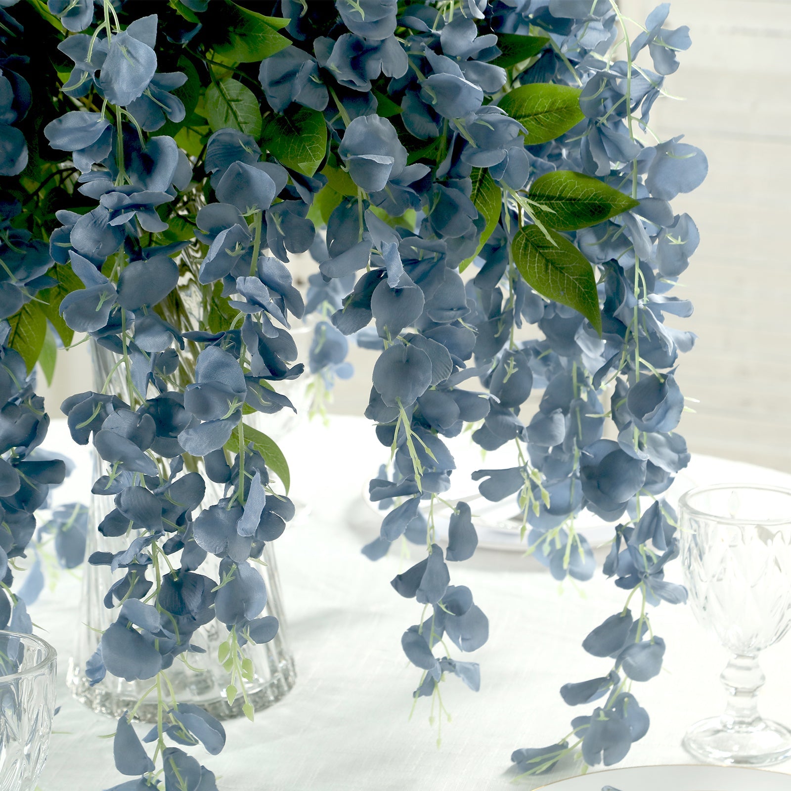 5 Pack 44 Silk Hanging Wisteria Flower Garland Vines in Dusty Blue, Elaborated 3 Full Strands in 1 Bush