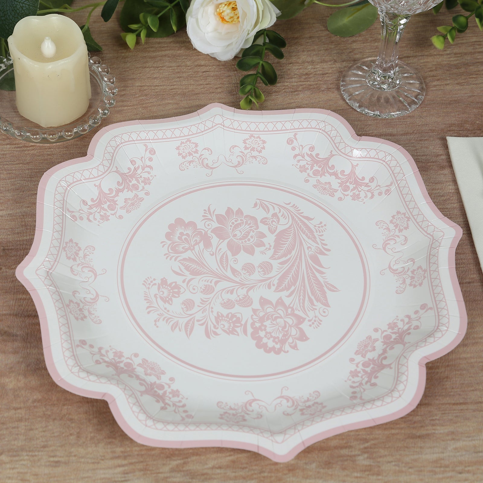 25-Pack Paper Dinner Plates in White with Pink French Toile Print & Scallop Rim - Stylish Disposable 300GSM Floral Party Plates 10