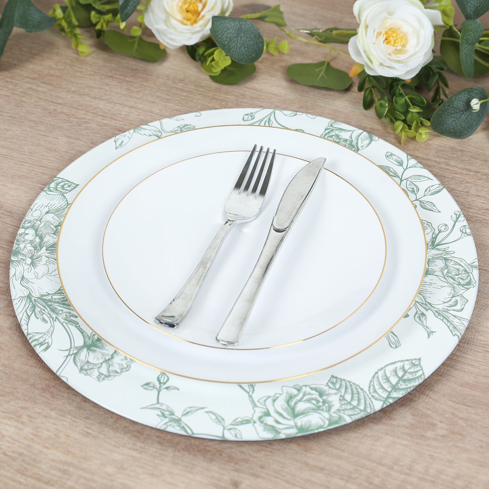 6 Pack Round Floral Acrylic Charger Plates in French Toile Pattern, 13 White Sage Green Dinner Charger Event Tabletop Decor