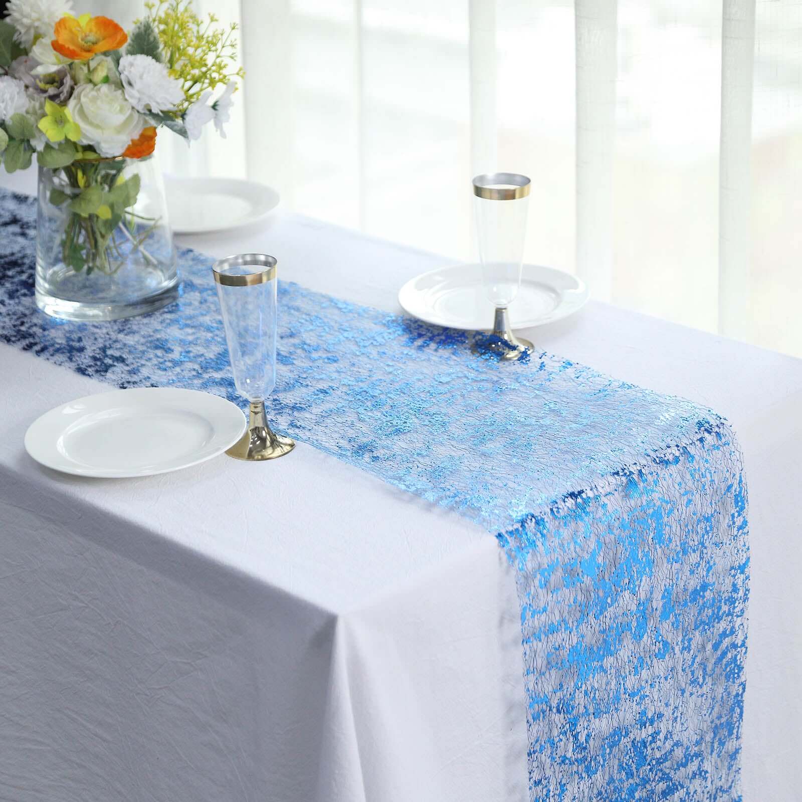 Mesh Polyester 108 Table Runner Roll Metallic Royal Blue - Distressed Foil Look Disposable Table Decor