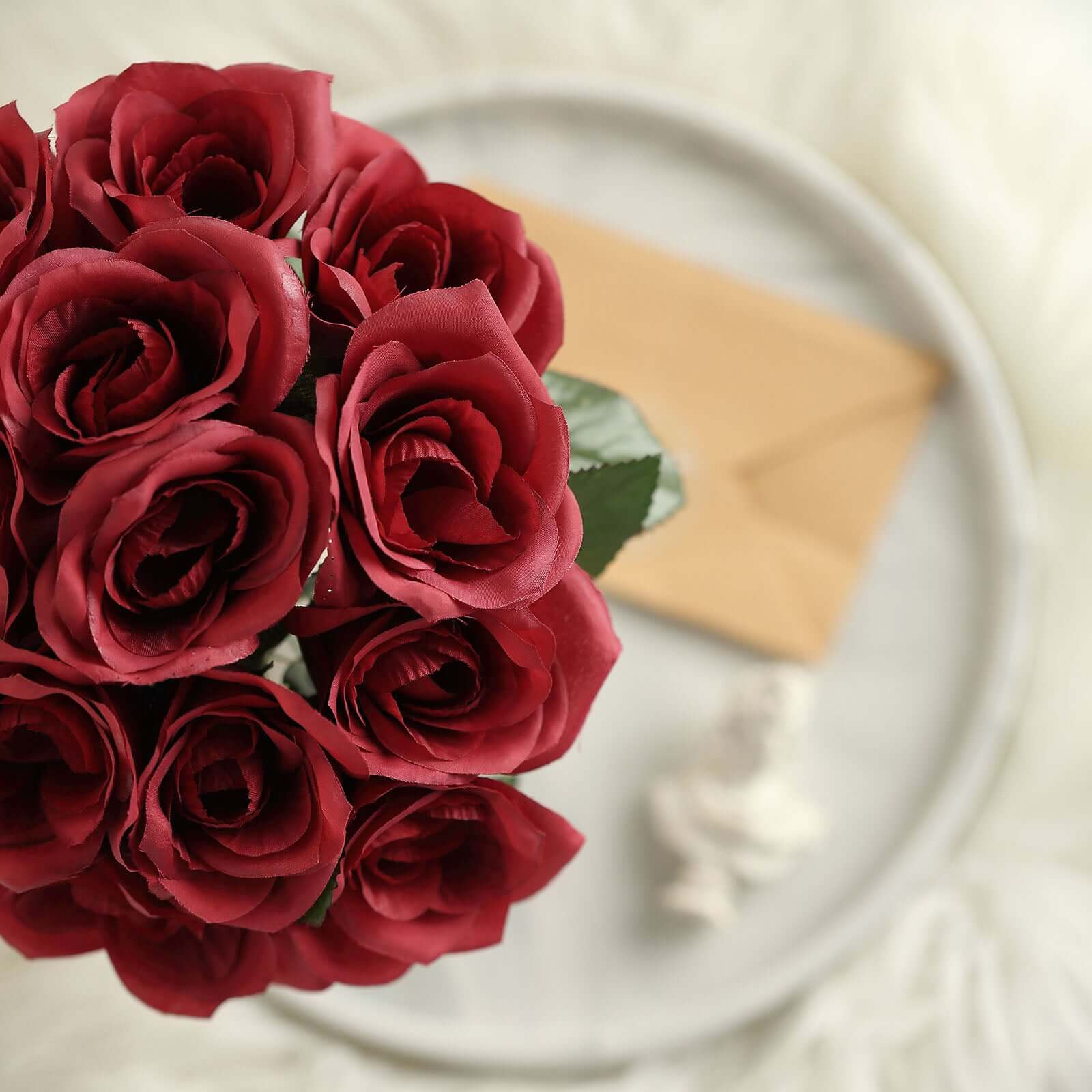 12 Red Artificial Velvet-Like Fabric Rose Flower Bouquet Bush