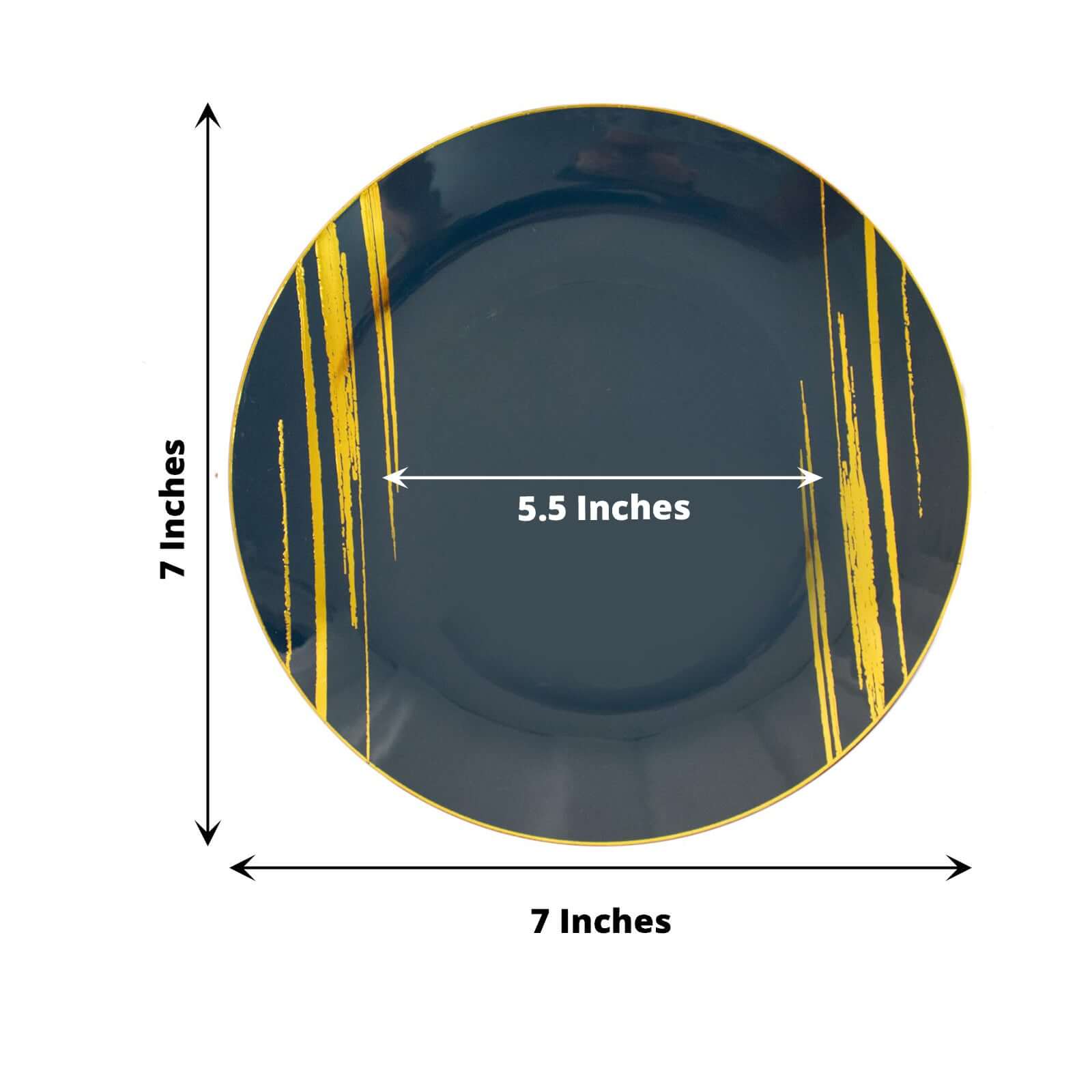 10-Pack Plastic 7 Round Dessert Plates in Navy Blue with Gold Brush Stroked Print - Disposable Appetizer Salad Plates