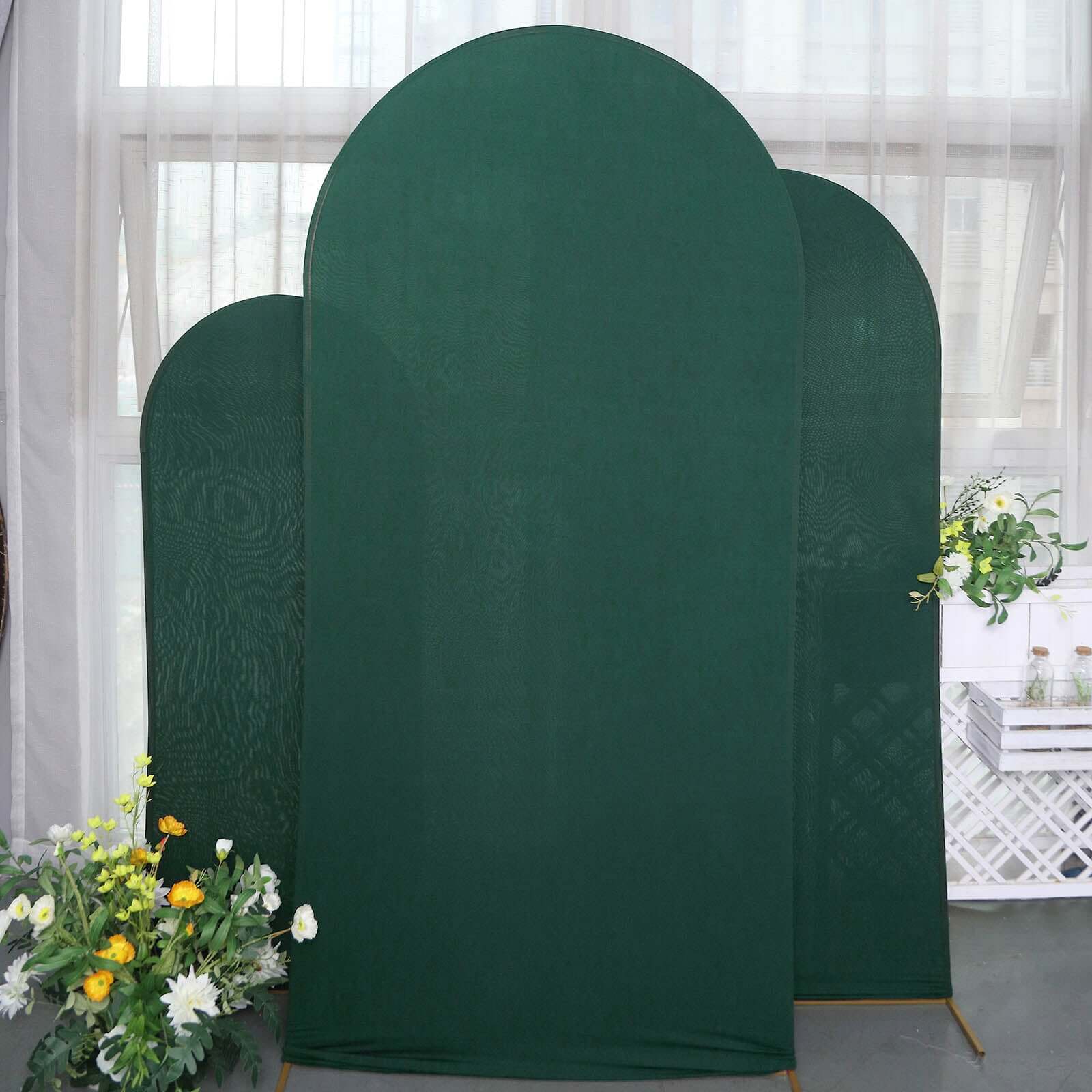 Set of 3 Matte Hunter Emerald Green Spandex Fitted Chiara Backdrop Stand Cover For Round Top Wedding Arch - 5ft, 6ft, 7ft