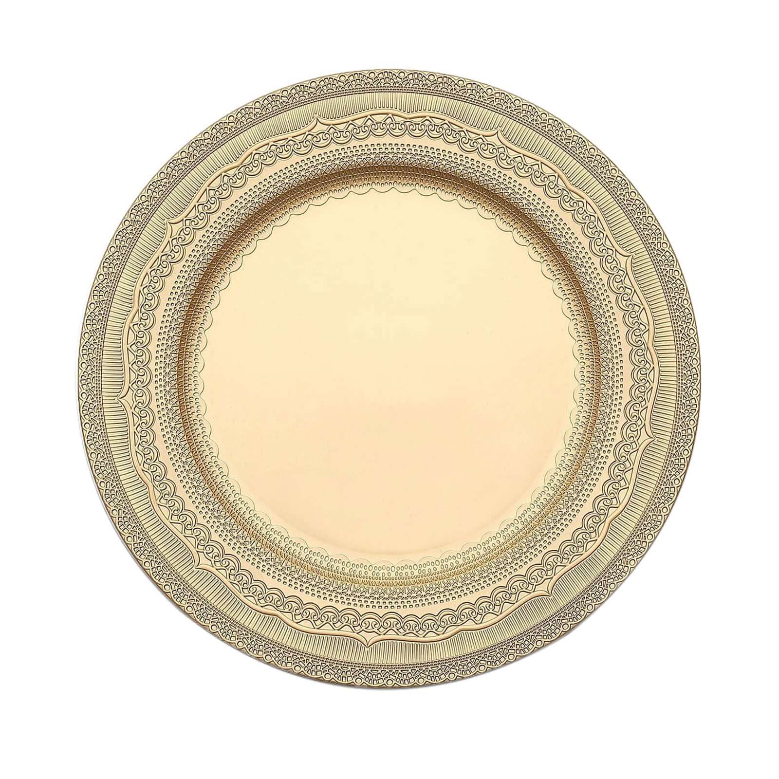 6-Pack Acrylic Round Charger Plates 13 in Gold with Lace Embossed Rim, Rustic Plastic Decorative Charger Tableware