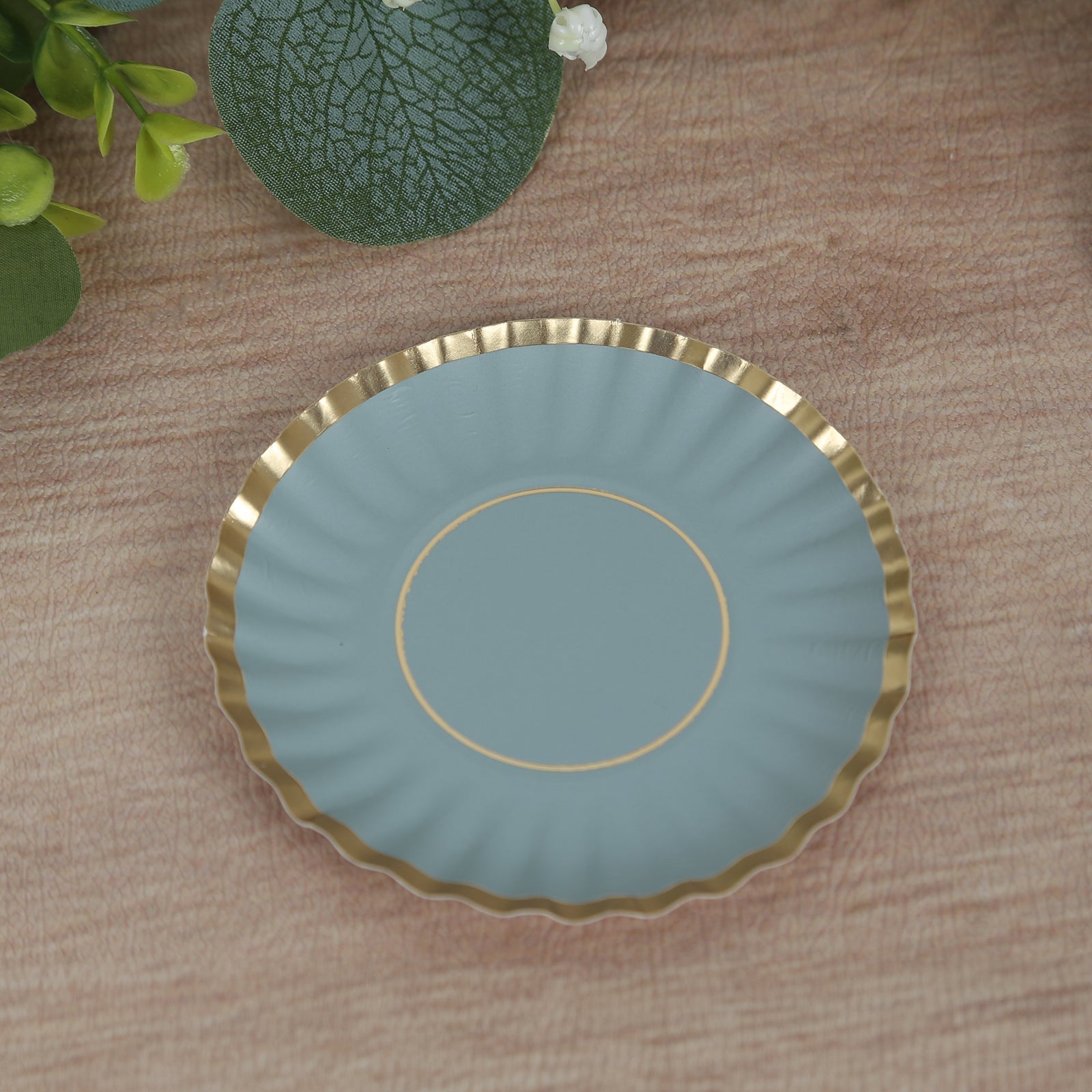 50-Pack Paper 3.5 Round Party Plates in Dusty Blue with Gold Scalloped Rim - Disposable Mini 250GSM Dessert Plates for Tapas, Appetizers & Finger Foods