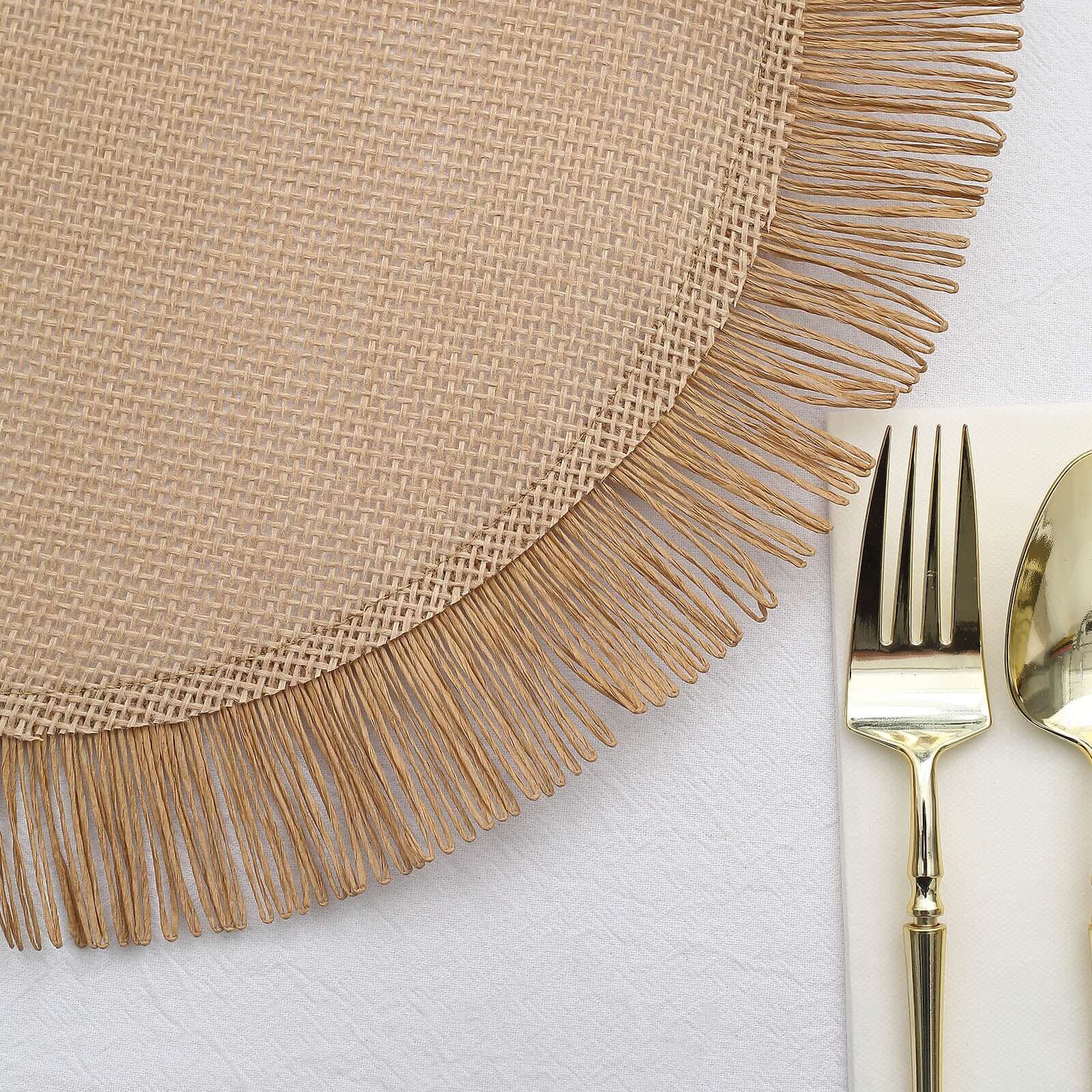 4-Pack Placemats Fringe Edge Design Natural Jute Round - Rustic Boho Chic Burlap Table Decor 16