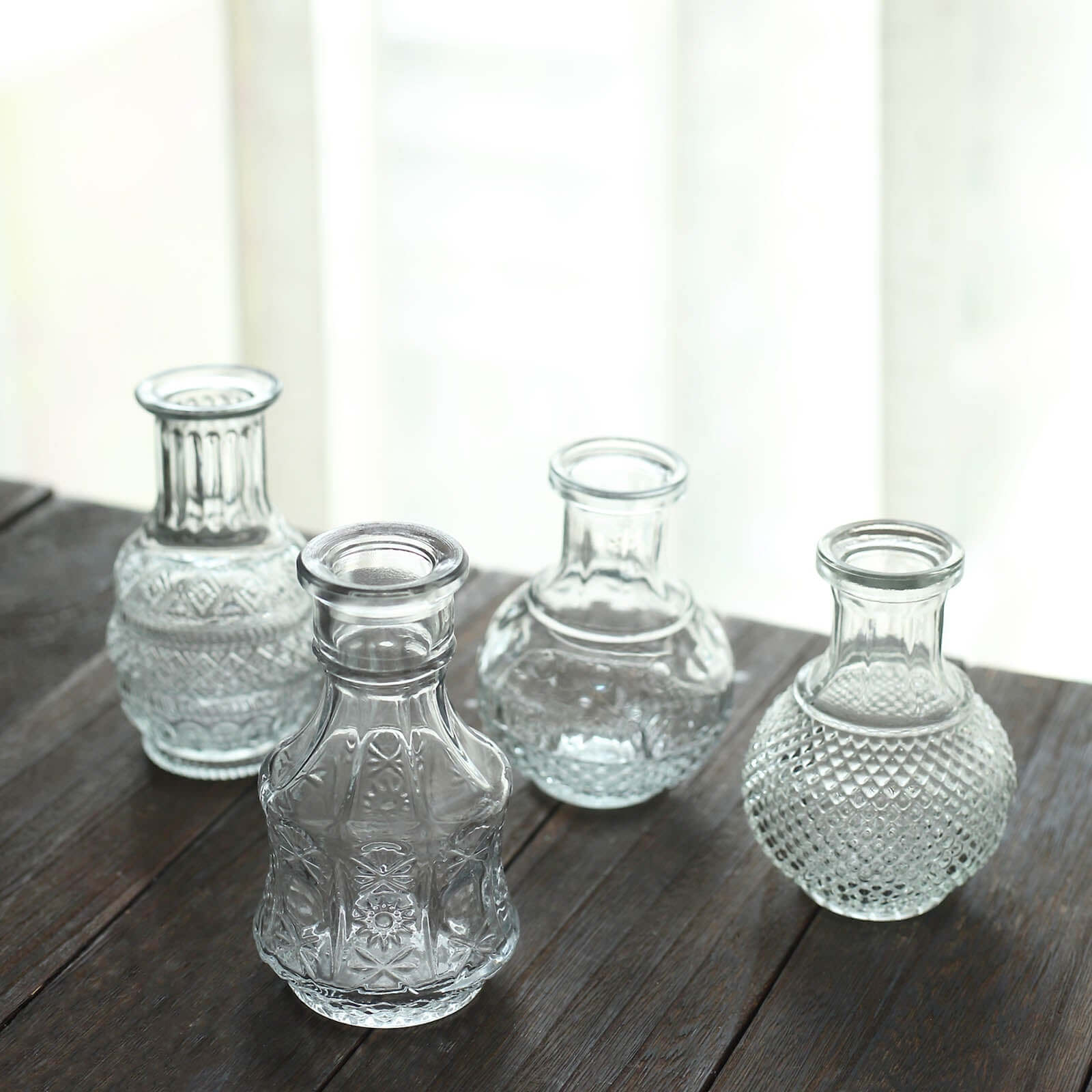 Set of 4 Clear Glass Bud Vases Antique - Vintage Wedding Table Centerpieces for Flowers