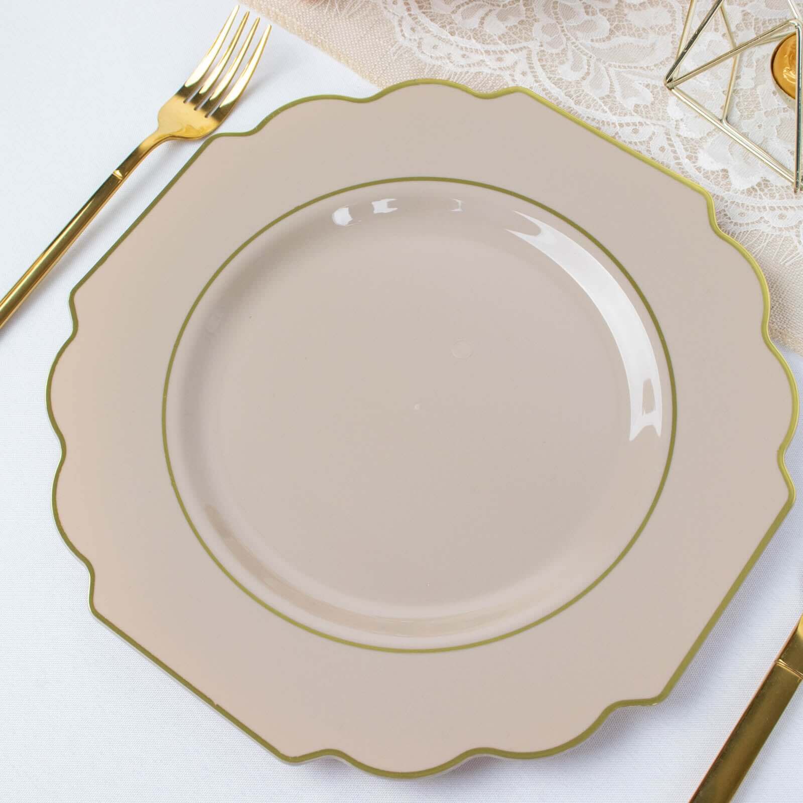 10-Pack Plastic Dinner Plates in Taupe Baroque Design with Scalloped Gold Rim - Heavy Duty Disposable Party Plates 11