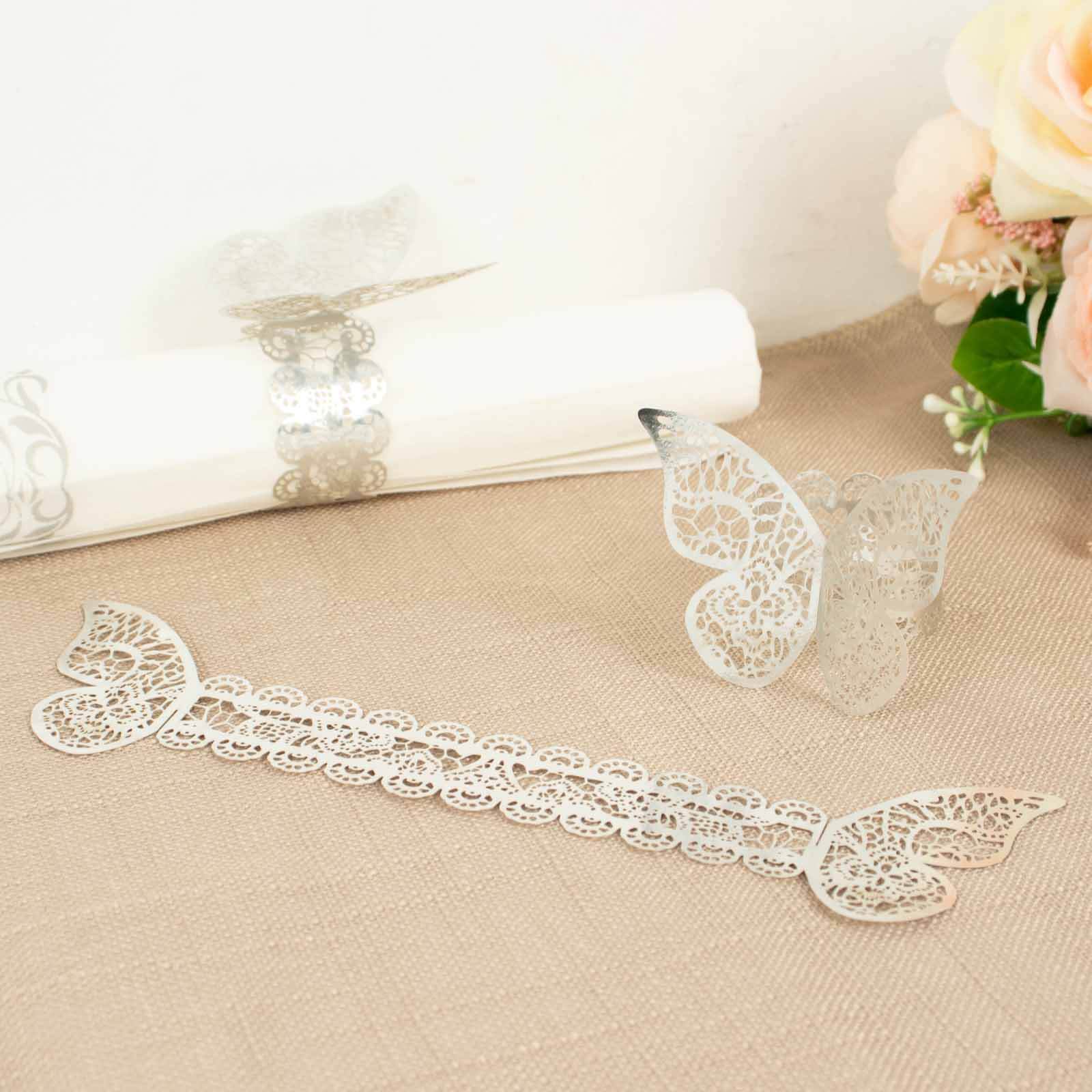 12-Pack Paper Napkin Rings Laser Cut Butterfly Metallic Silver - Decorative Serviette Holders