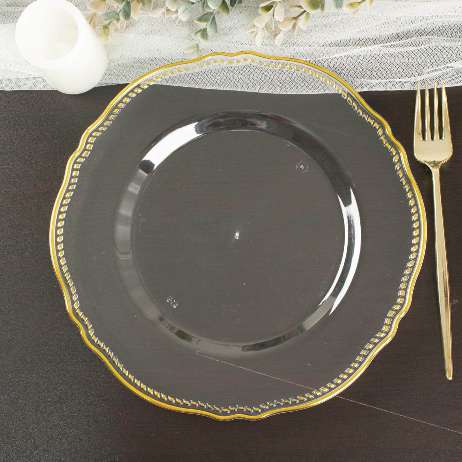 10-Pack Plastic 10 Dinner Plates in Clear with Gold Scalloped Rim - Disposable Large Party Plates