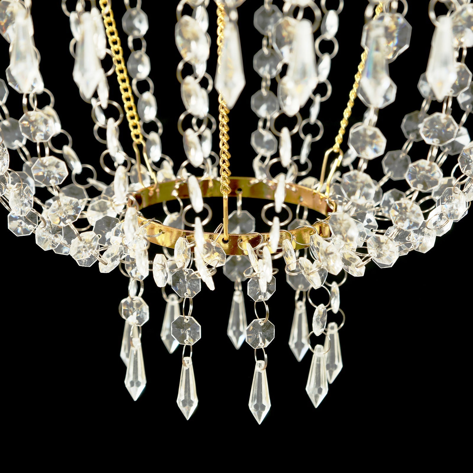 2ft Empire Style Beaded Crystal Chandelier with Gold Ornate Metal Frame, Adjustable Hanging Farmhouse Pendant Ceiling Lighting