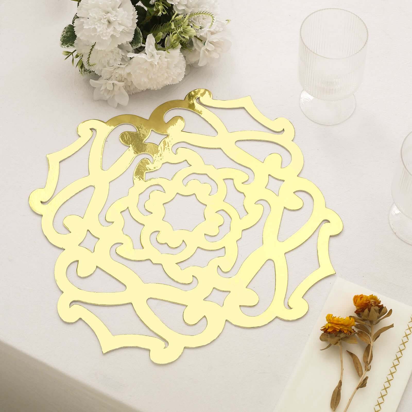 6-Pack Disposable Table Placemats in Metallic Gold Laser Cut Flower Design - 700GSM Cardboard Placemats for Glamorous Table Settings 13