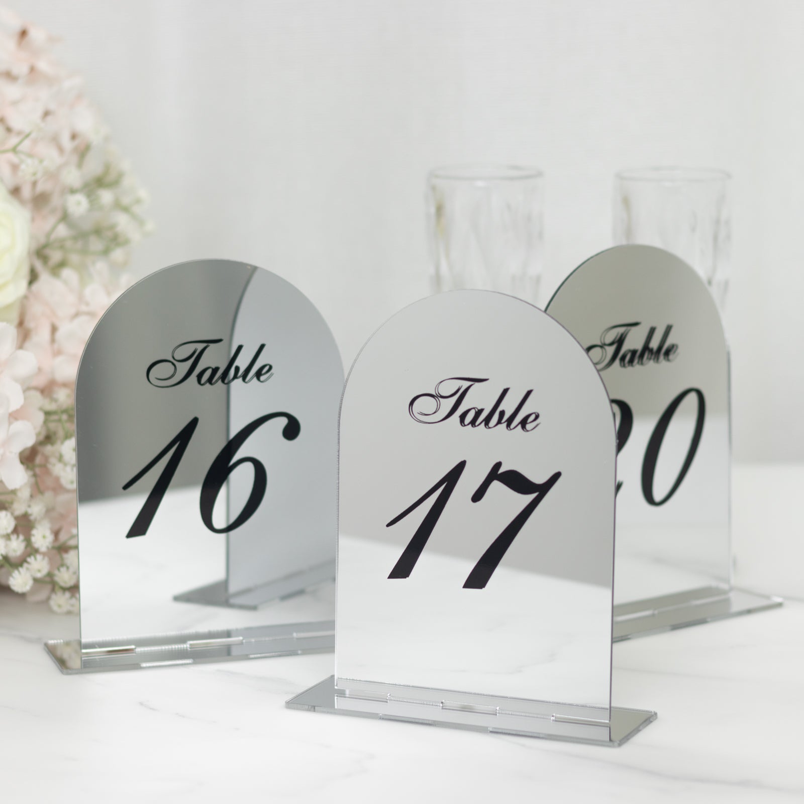 Silver Mirror Arch Acrylic Table Numbers (11-20) - 6x7 Wedding Reception Signs with Black Print & Stands