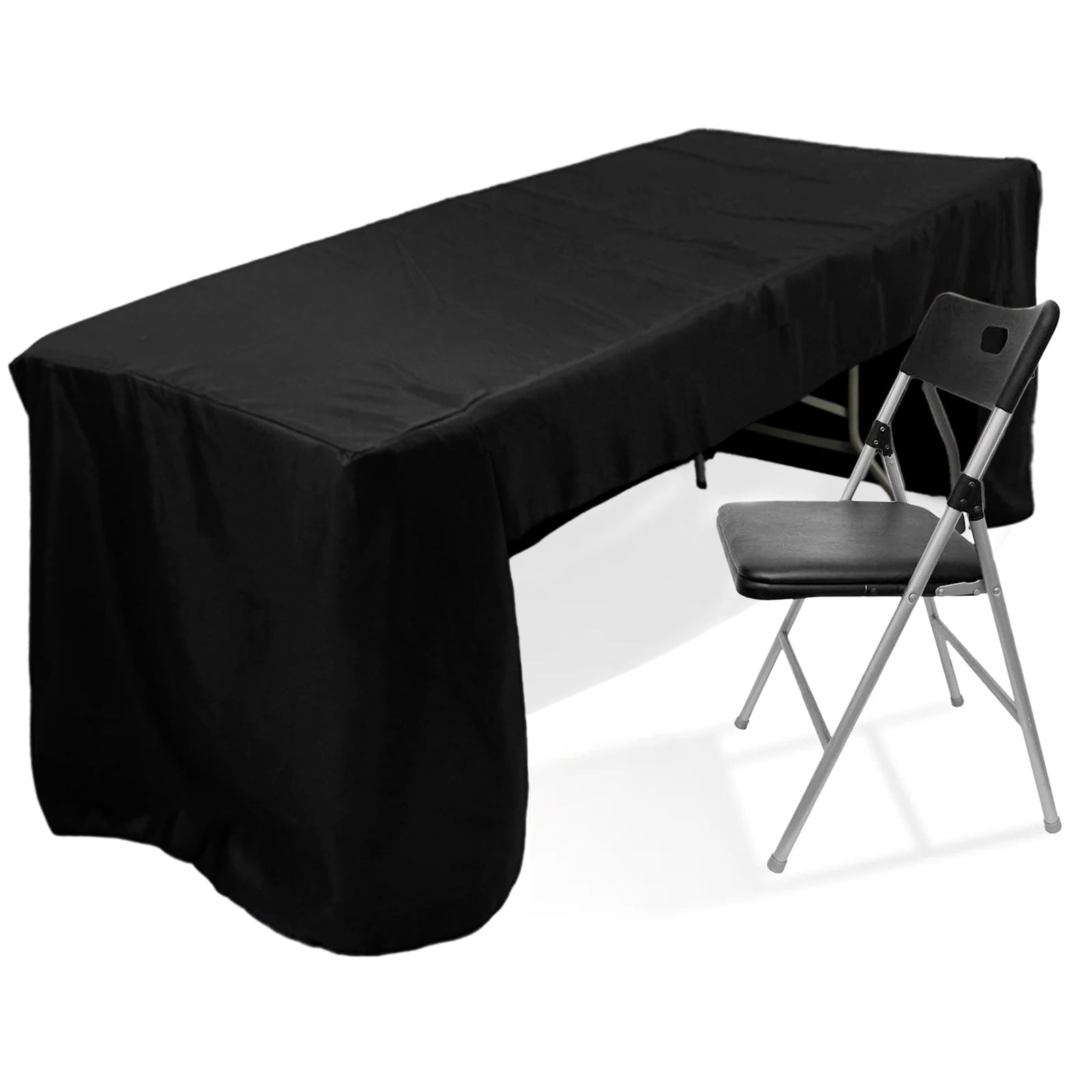 Fitted Polyester 96x30 Rectangle Tablecloth Black with Open Back Design - Easy to Maintain and Wrinkle-Resistant Table Cover for Trade Shows & Displays