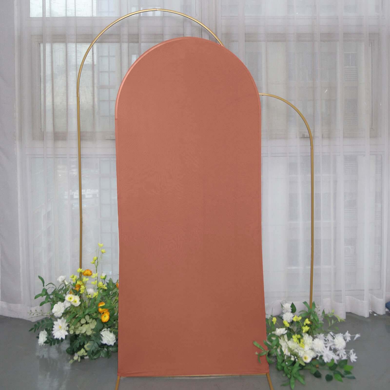 6ft Matte Terracotta (Rust) Spandex Fitted Chiara Backdrop Stand Cover For Round Top Wedding Arch