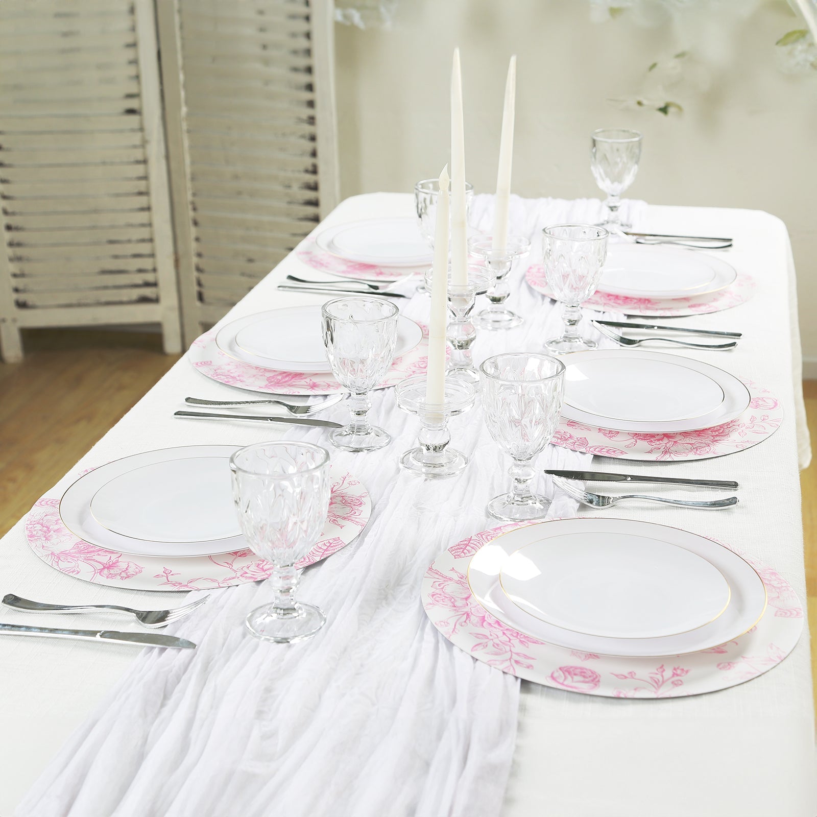 10-Pack Disposable Table Placemats in French Toile Print 13 in White/Matte Pink - Chic Floral Cardboard Placemats for Stylish Table Setting