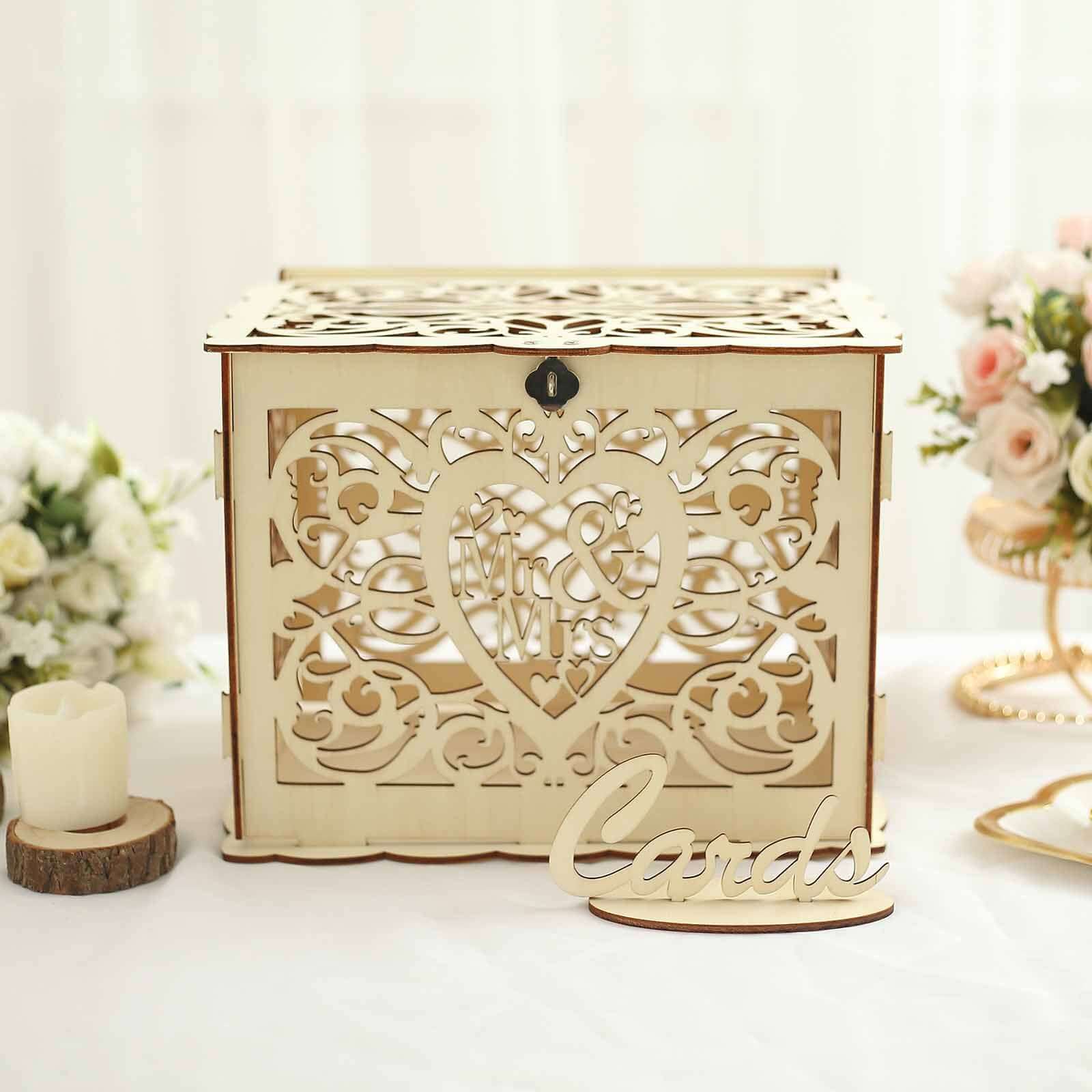 Natural Wooden Laser Cut Mr. & Mrs. Wedding Card Box With Label, Rustic DIY Hollow Money Box And Stand - 12x9