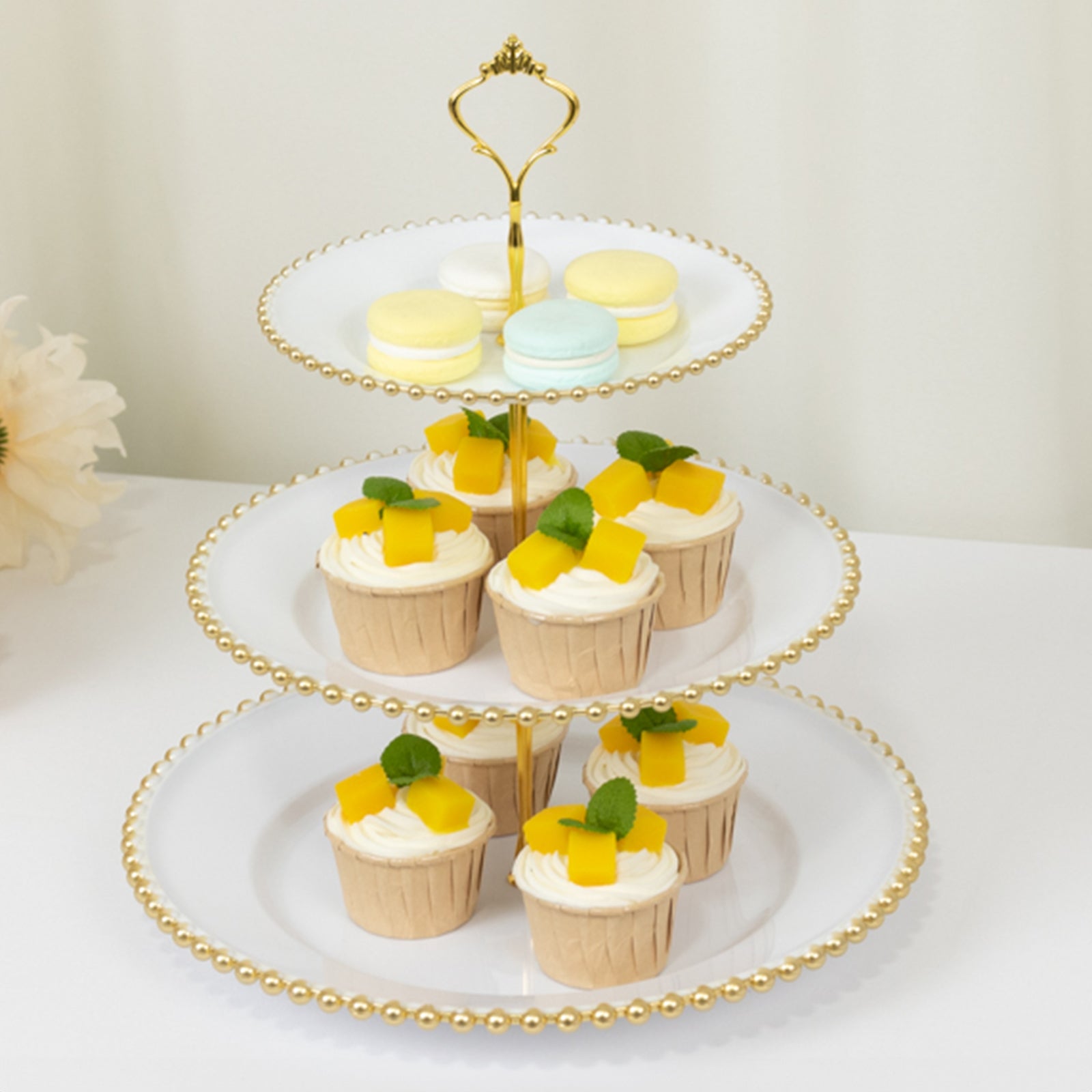 14 White 3-Tier Plastic Dessert Display Stand With Gold Beaded Rim, Round Cupcake Tower Tea Party Serving Platter With Top Handle