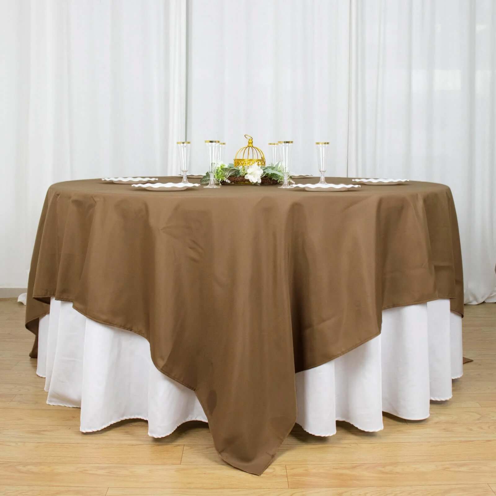 Polyester 90x90 Table Overlay Square Tablecloth Taupe - Wrinkle-Resistant & Durable Table Cover