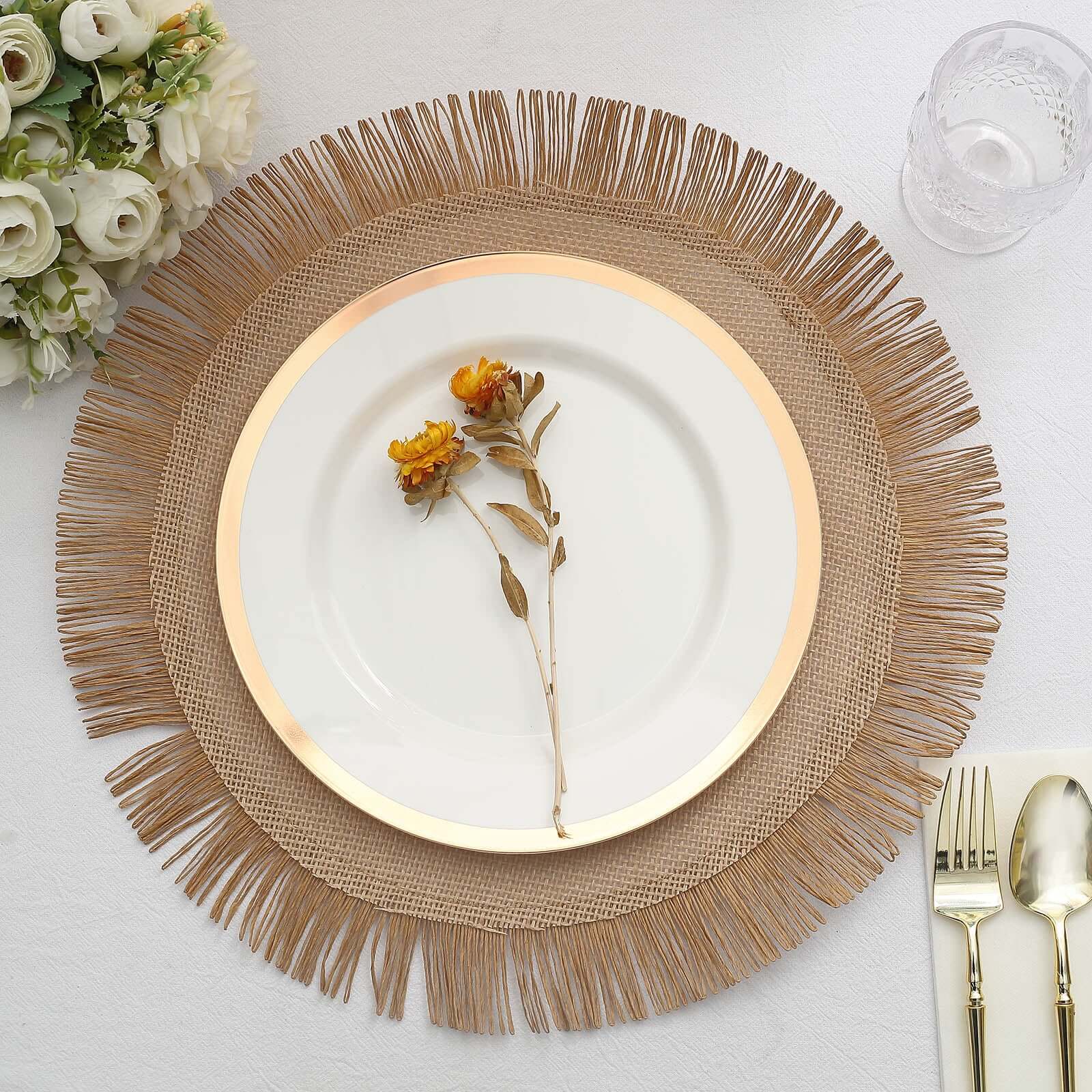 4-Pack Placemats Fringe Edge Design Natural Jute Round - Rustic Boho Chic Burlap Table Decor 16