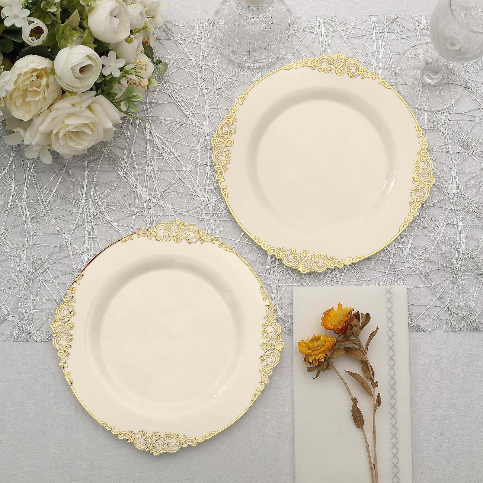 10-Pack Plastic 8 Round Dessert Plates in Ivory with Gold Leaf Embossed Rim - Disposable Vintage Baroque Style Salad Plates