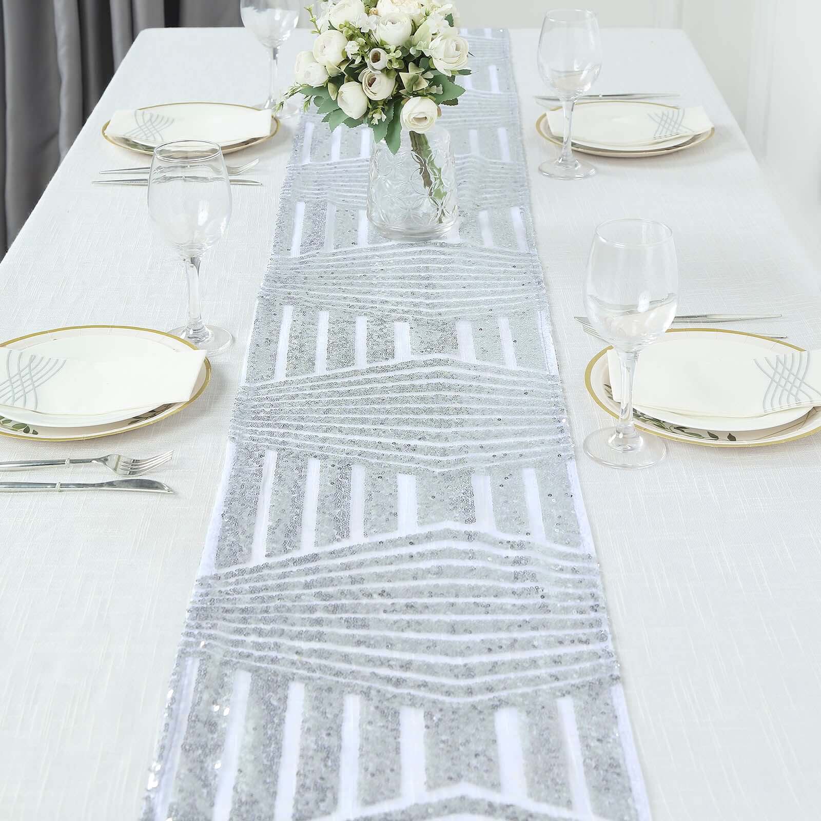 Sequin 12x108 Table Runner Silver - Diamond Glitz Design