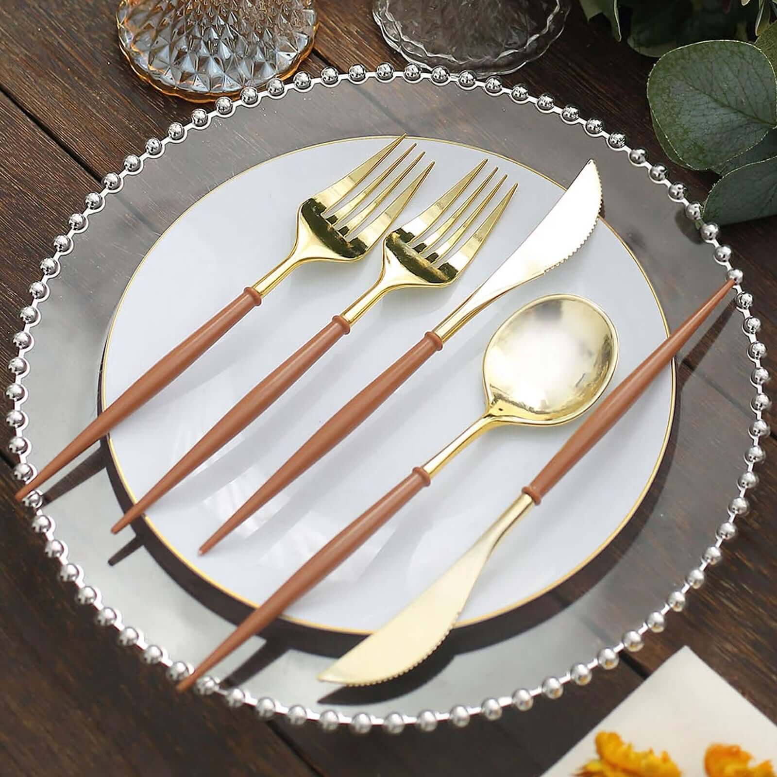 24-Pack Plastic Flatware Set in Metallic Gold with Brown Handle - Heavy Duty Disposable Modern Silverware 8