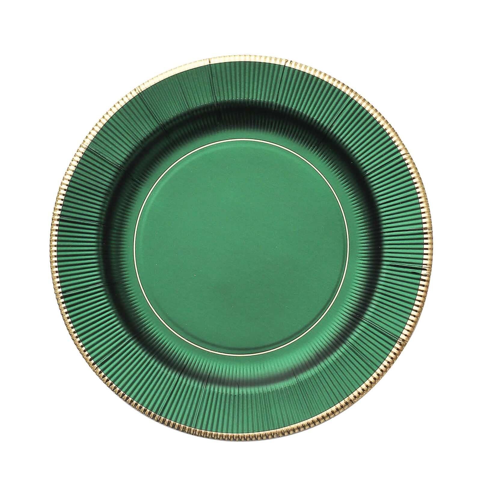 25-Pack Paper 8 Round Dessert Plates in Hunter Emerald Green Sunray Design with Gold Rim - Disposable Heavy Duty 350GSM Appetizer Salad Plates