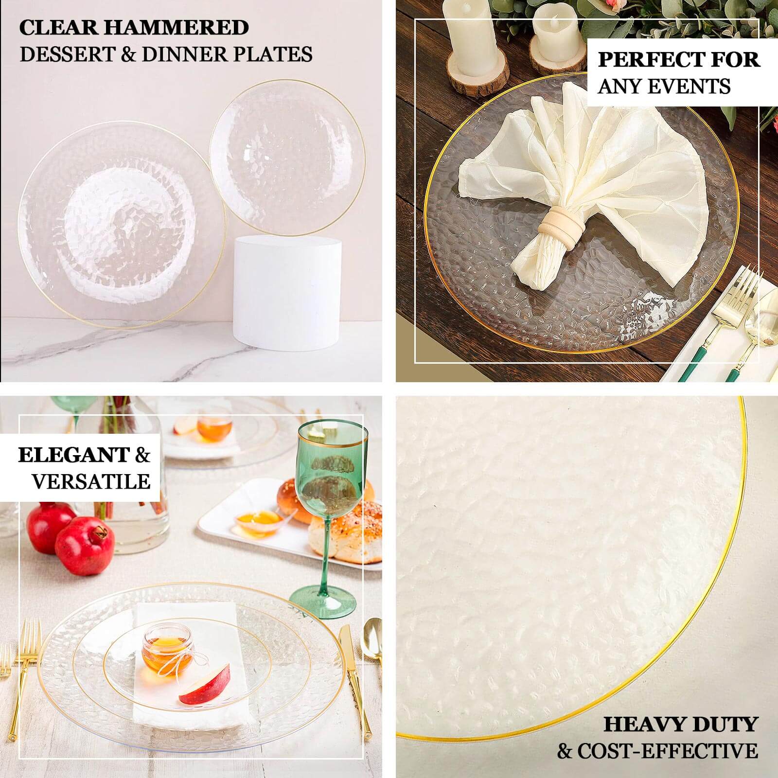 18 Pack Economy Plastic Round Charger Plates 13 in Clear Hammered Design with Gold Rim - Table Setting Plates