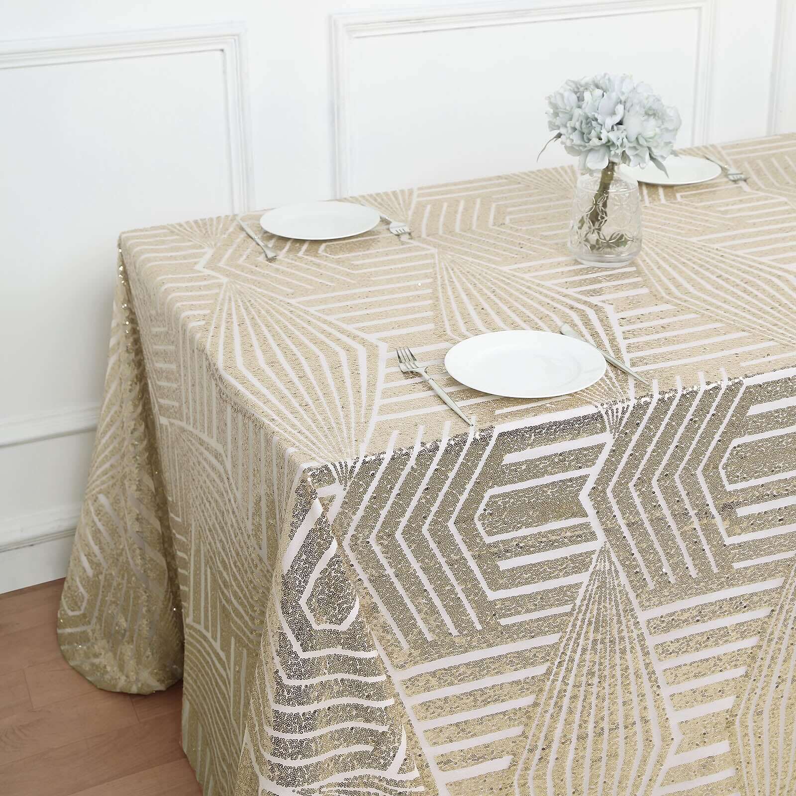 Sequin 90x132 Rectangle Tablecloth Champagne - Seamless Diamond Design Table Cover